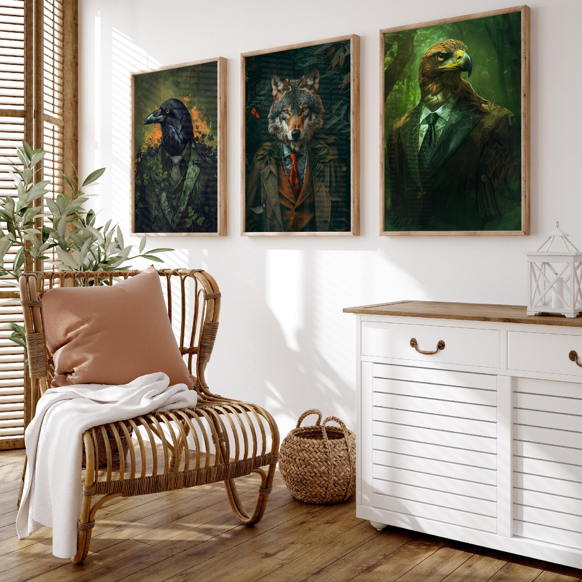 Animals in Suits Set of Three Art Prints - Raven, Wolf, Eagle Portrait Posters - Dark Forest Gothic Animal Painting Decor