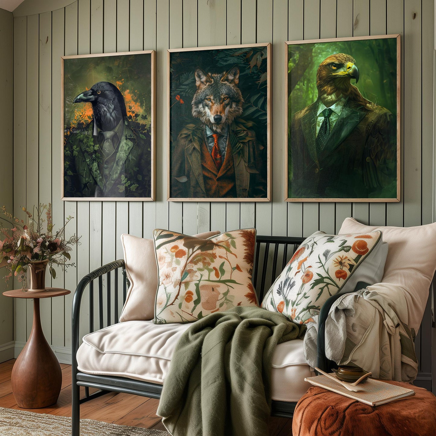 Animals in Suits Set of Three Art Prints - Raven, Wolf, Eagle Portrait Posters - Dark Forest Gothic Animal Painting Decor