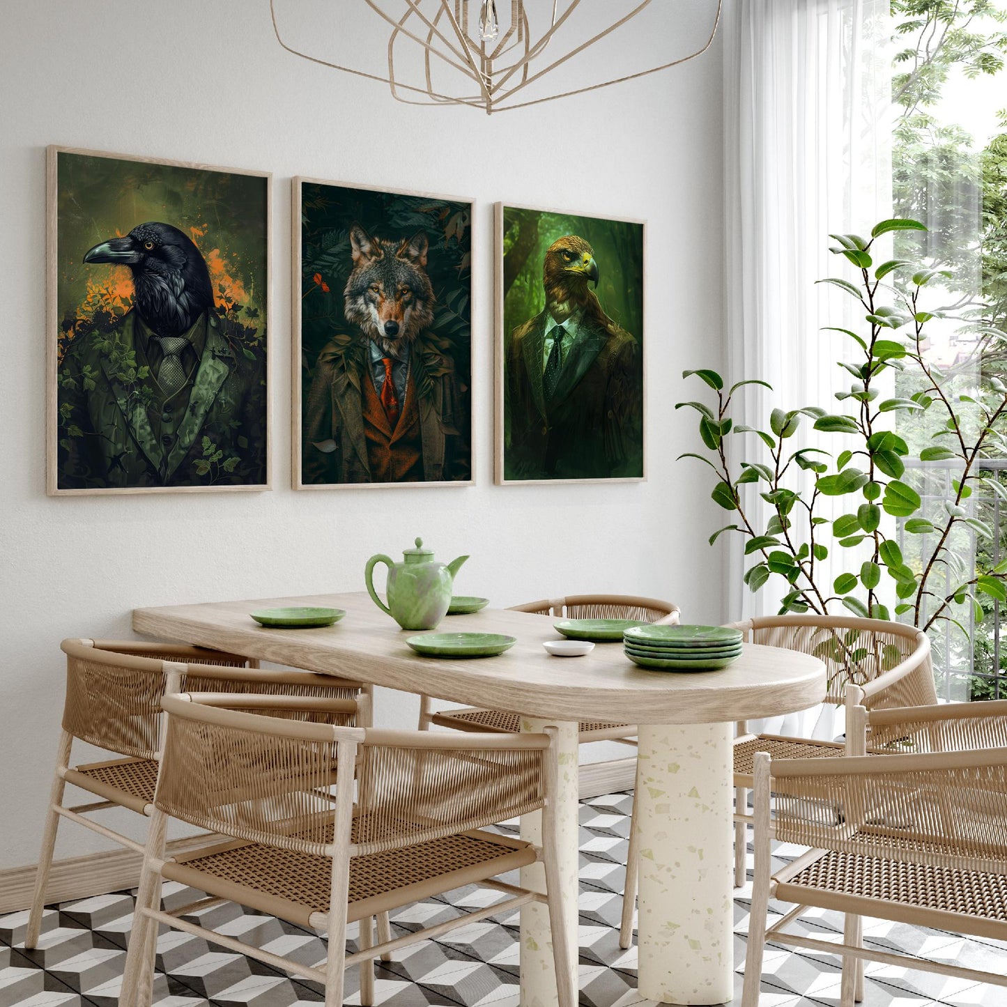 Animals in Suits Set of Three Art Prints - Raven, Wolf, Eagle Portrait Posters - Dark Forest Gothic Animal Painting Decor