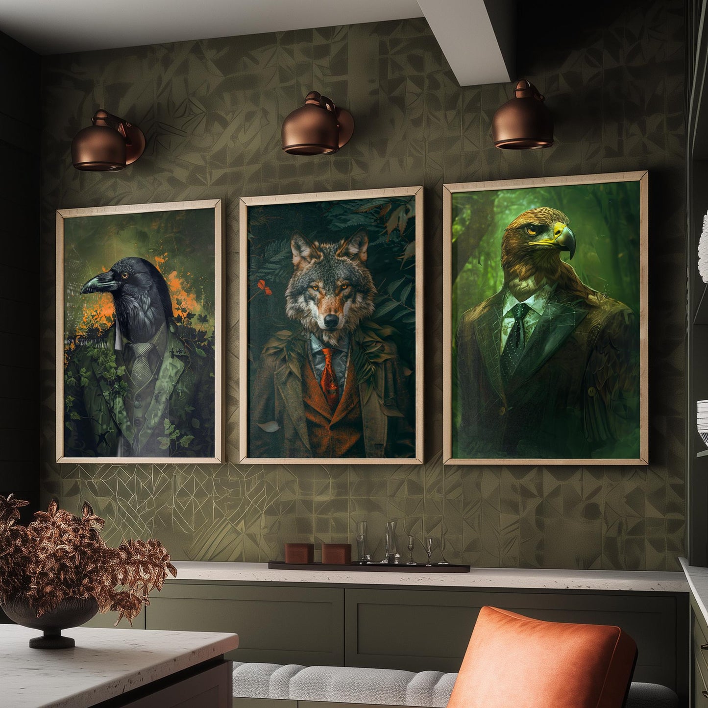 Animals in Suits Set of Three Art Prints - Raven, Wolf, Eagle Portrait Posters - Dark Forest Gothic Animal Painting Decor