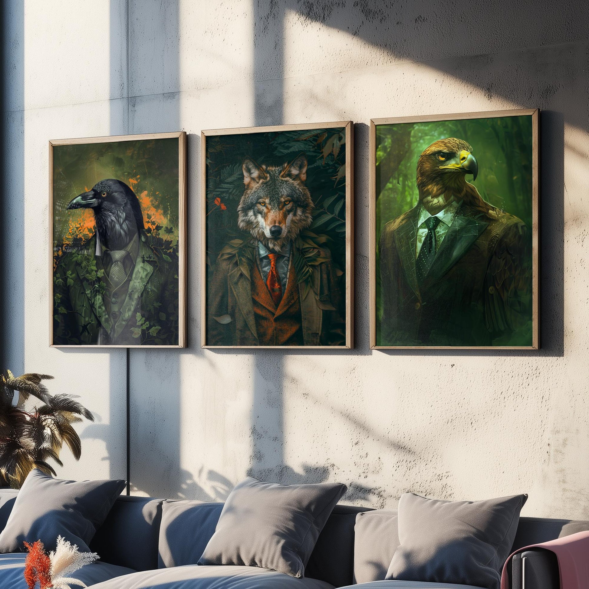 Animals in Suits Set of Three Art Prints - Raven, Wolf, Eagle Portrait Posters - Dark Forest Gothic Animal Painting Decor