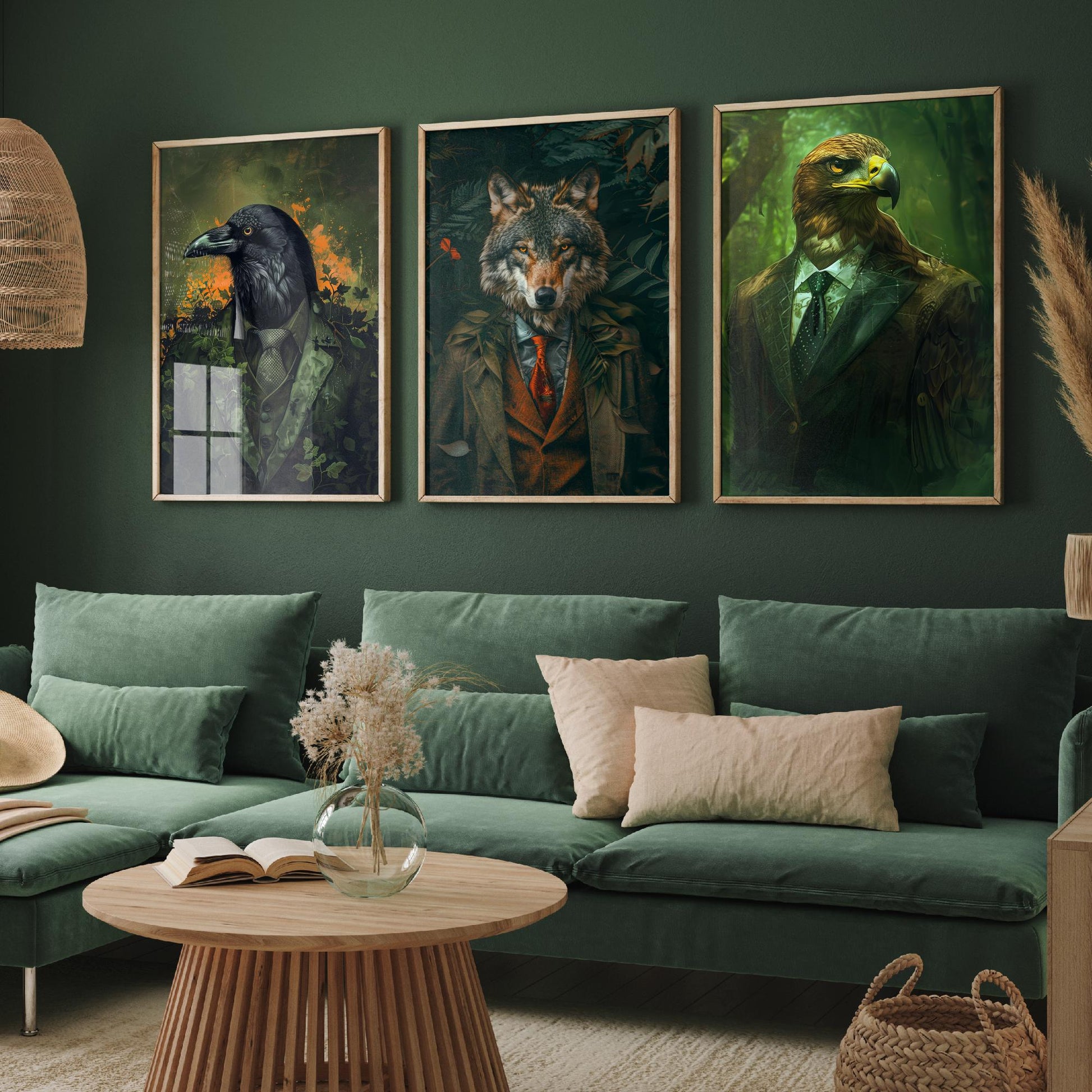 Animals in Suits Set of Three Art Prints - Raven, Wolf, Eagle Portrait Posters - Dark Forest Gothic Animal Painting Decor