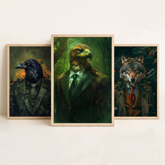 Animals in Suits Set of Three Art Prints - Raven, Wolf, Eagle Portrait Posters - Dark Forest Gothic Animal Painting Decor