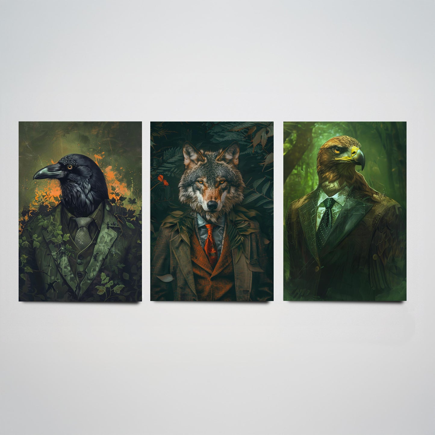 Animals in Suits Set of Three Art Prints - Raven, Wolf, Eagle Portrait Posters - Dark Forest Gothic Animal Painting Decor