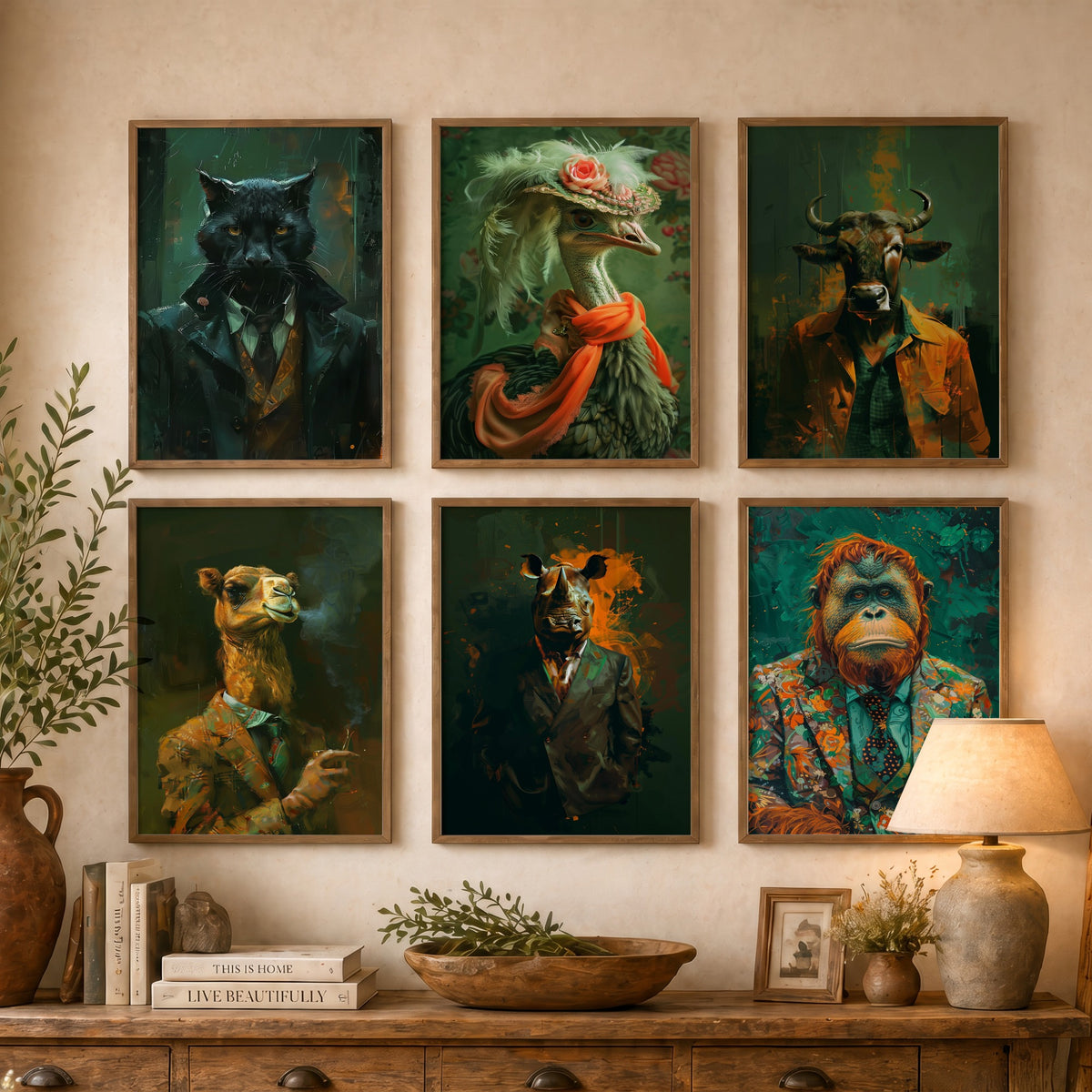 Set of Six Animals in Suits Art Prints - 6 Savannah Dandy Posters - Panther, Ostrich, Wildebeest, Camel, Rhino, Orangutan Painting