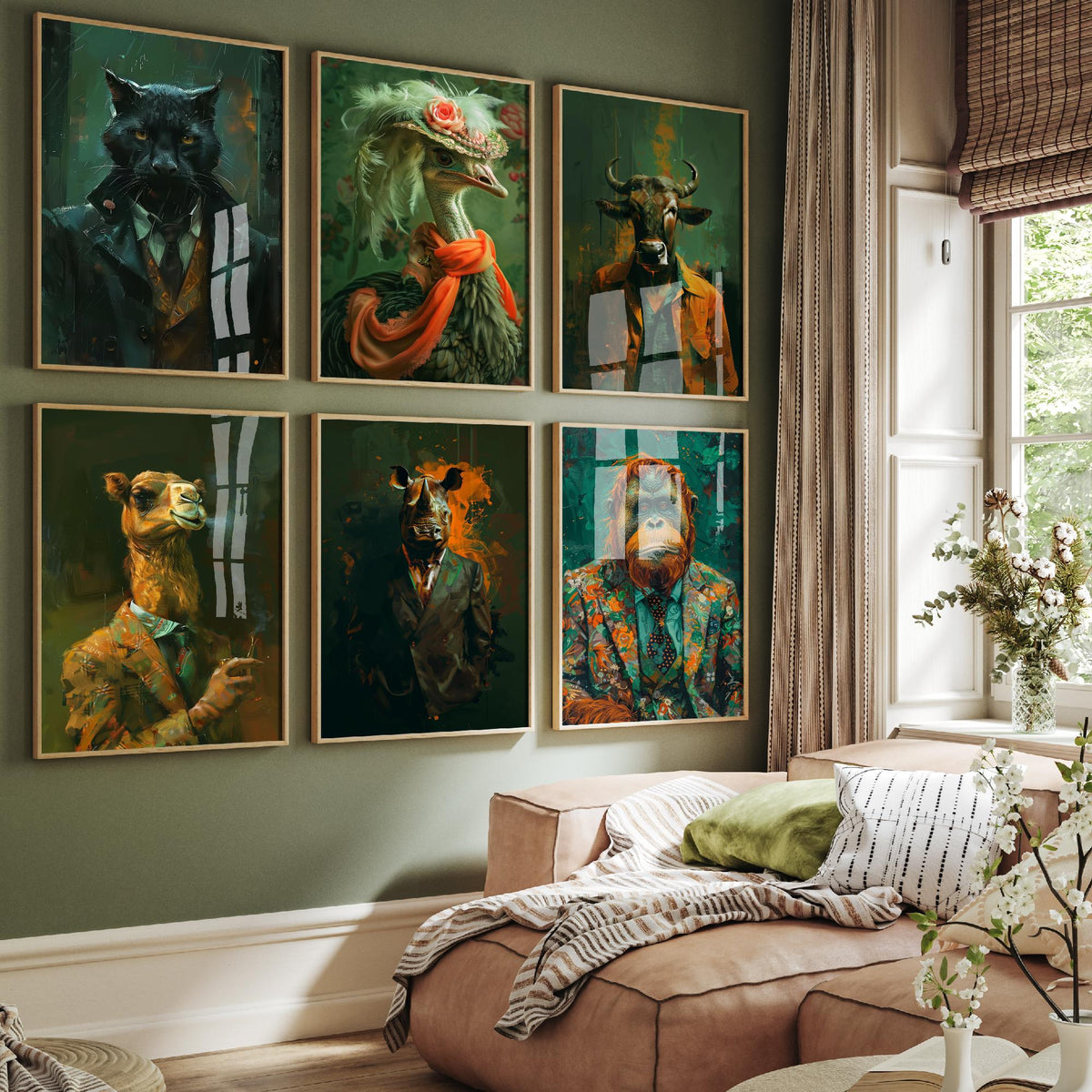 Set of Six Animals in Suits Art Prints - 6 Savannah Dandy Posters - Panther, Ostrich, Wildebeest, Camel, Rhino, Orangutan Painting