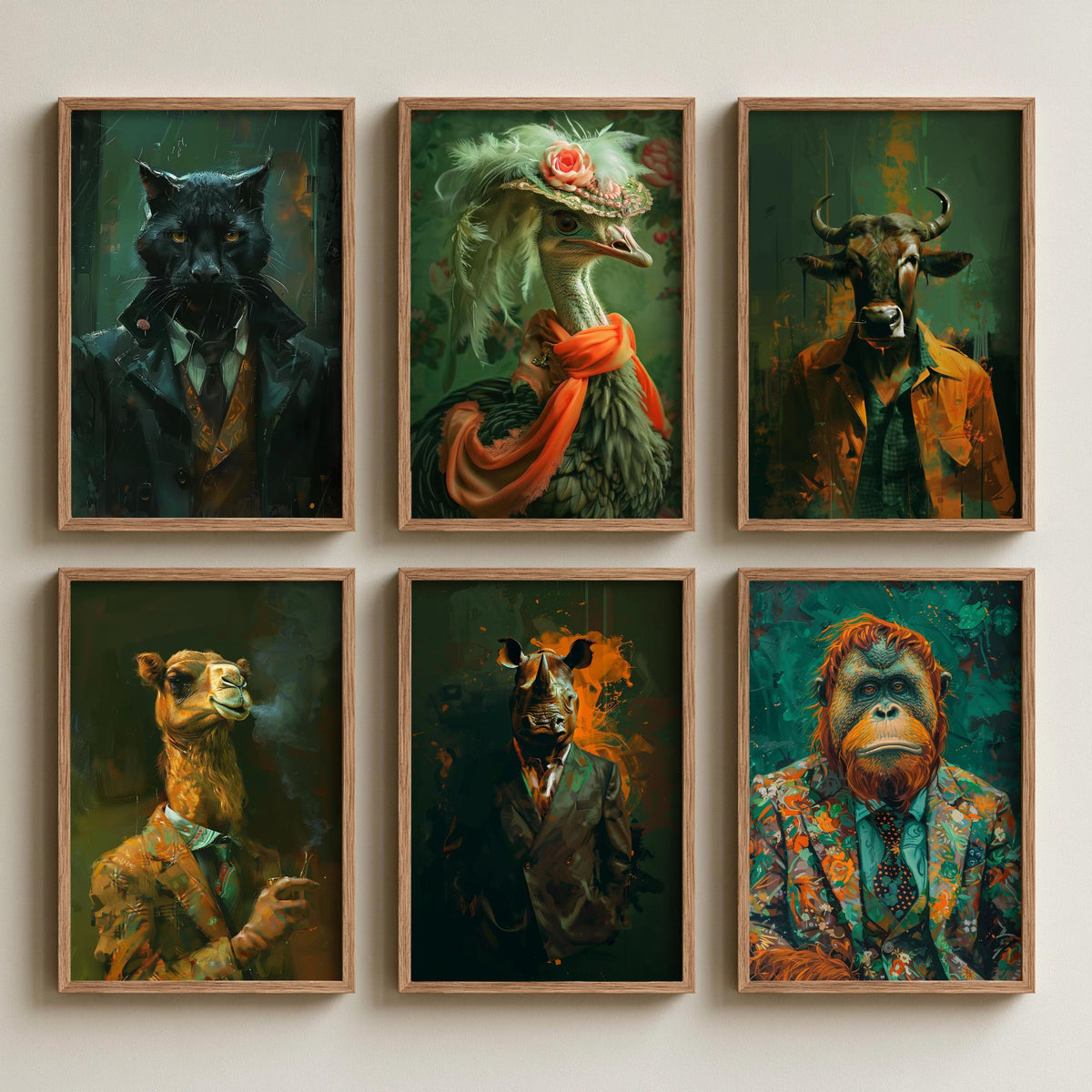 Set of Six Animals in Suits Art Prints - 6 Savannah Dandy Posters - Panther, Ostrich, Wildebeest, Camel, Rhino, Orangutan Painting