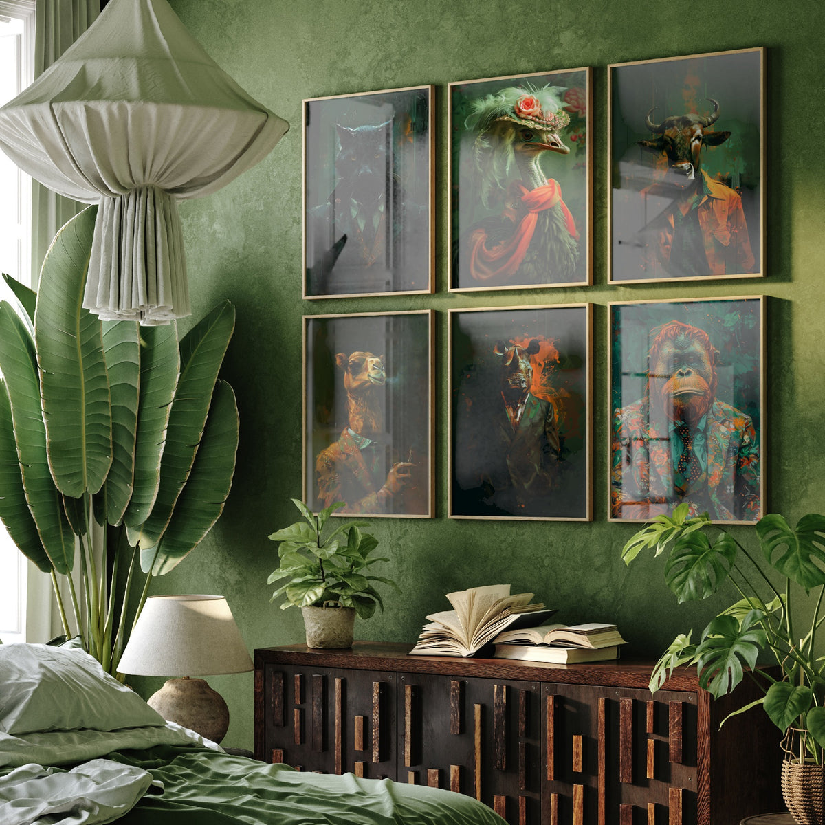 Set of Six Animals in Suits Art Prints - 6 Savannah Dandy Posters - Panther, Ostrich, Wildebeest, Camel, Rhino, Orangutan Painting