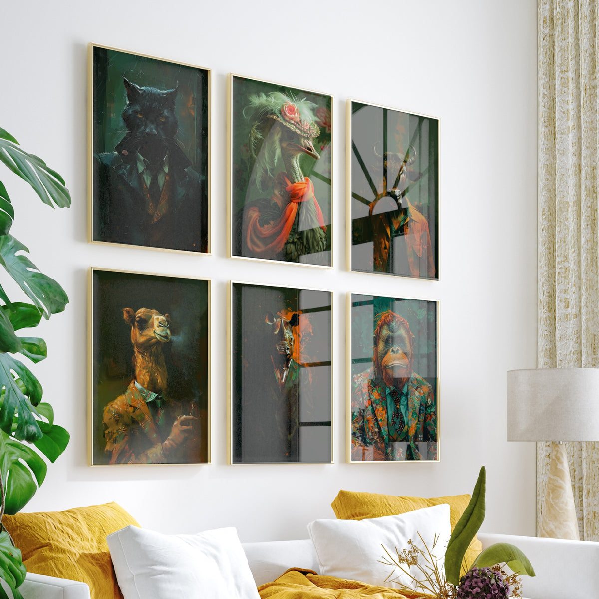 Set of Six Animals in Suits Art Prints - 6 Savannah Dandy Posters - Panther, Ostrich, Wildebeest, Camel, Rhino, Orangutan Painting