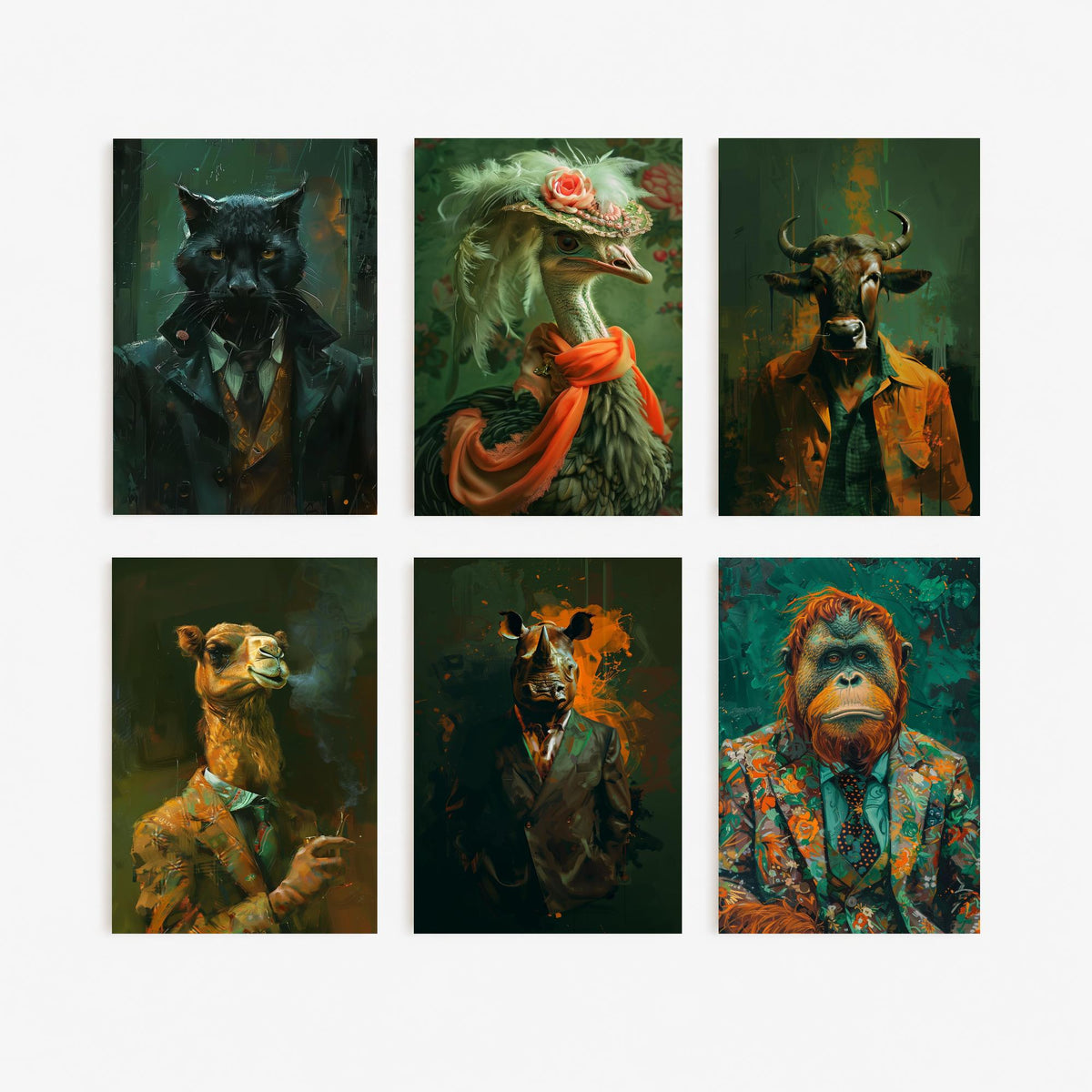 Set of Six Animals in Suits Art Prints - 6 Savannah Dandy Posters - Panther, Ostrich, Wildebeest, Camel, Rhino, Orangutan Painting