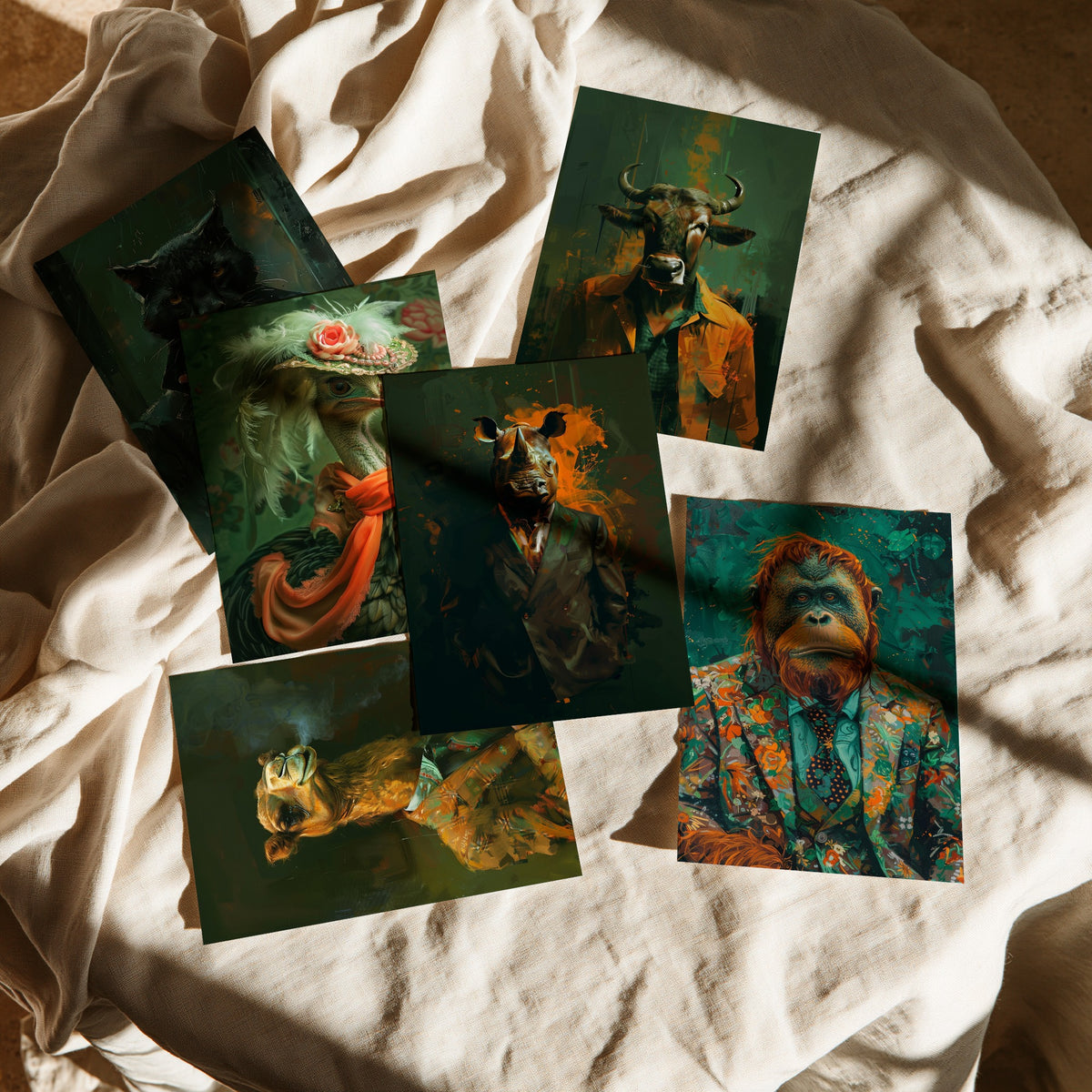 Set of Six Animals in Suits Art Prints - 6 Savannah Dandy Posters - Panther, Ostrich, Wildebeest, Camel, Rhino, Orangutan Painting