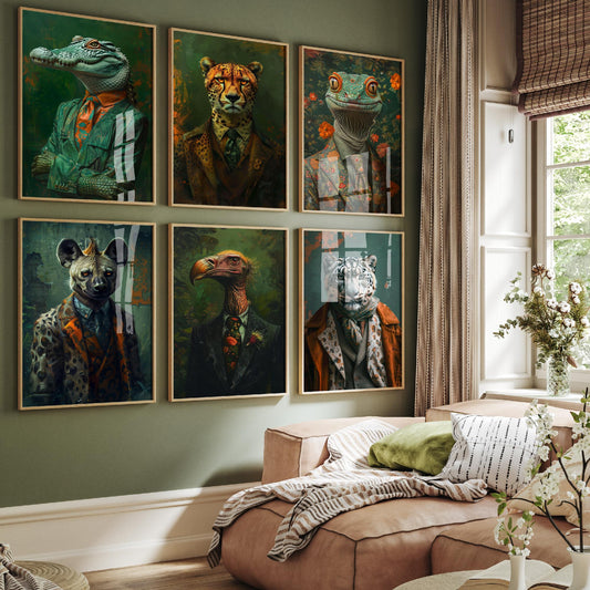 Set of Six Animals in Suits Art Prints - 6 Wild Predator Posters - Crocodile, Cheetah, Lizard, Hyena, Vulture, Snow Leopard Painting