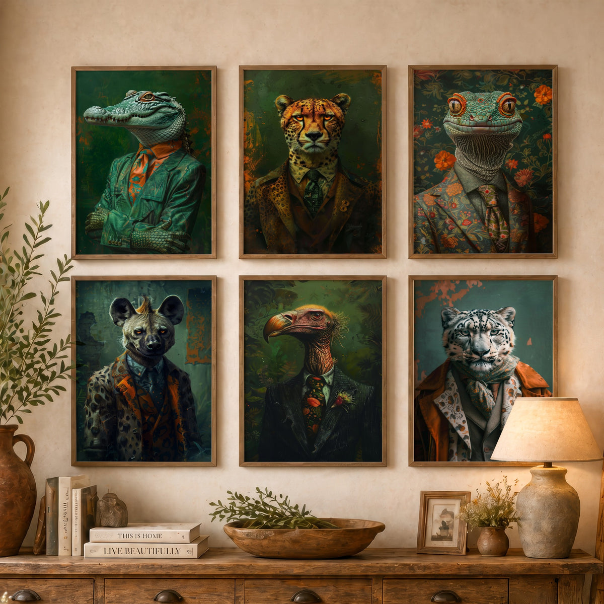 Set of Six Animals in Suits Art Prints - 6 Wild Predator Posters - Crocodile, Cheetah, Lizard, Hyena, Vulture, Snow Leopard Painting