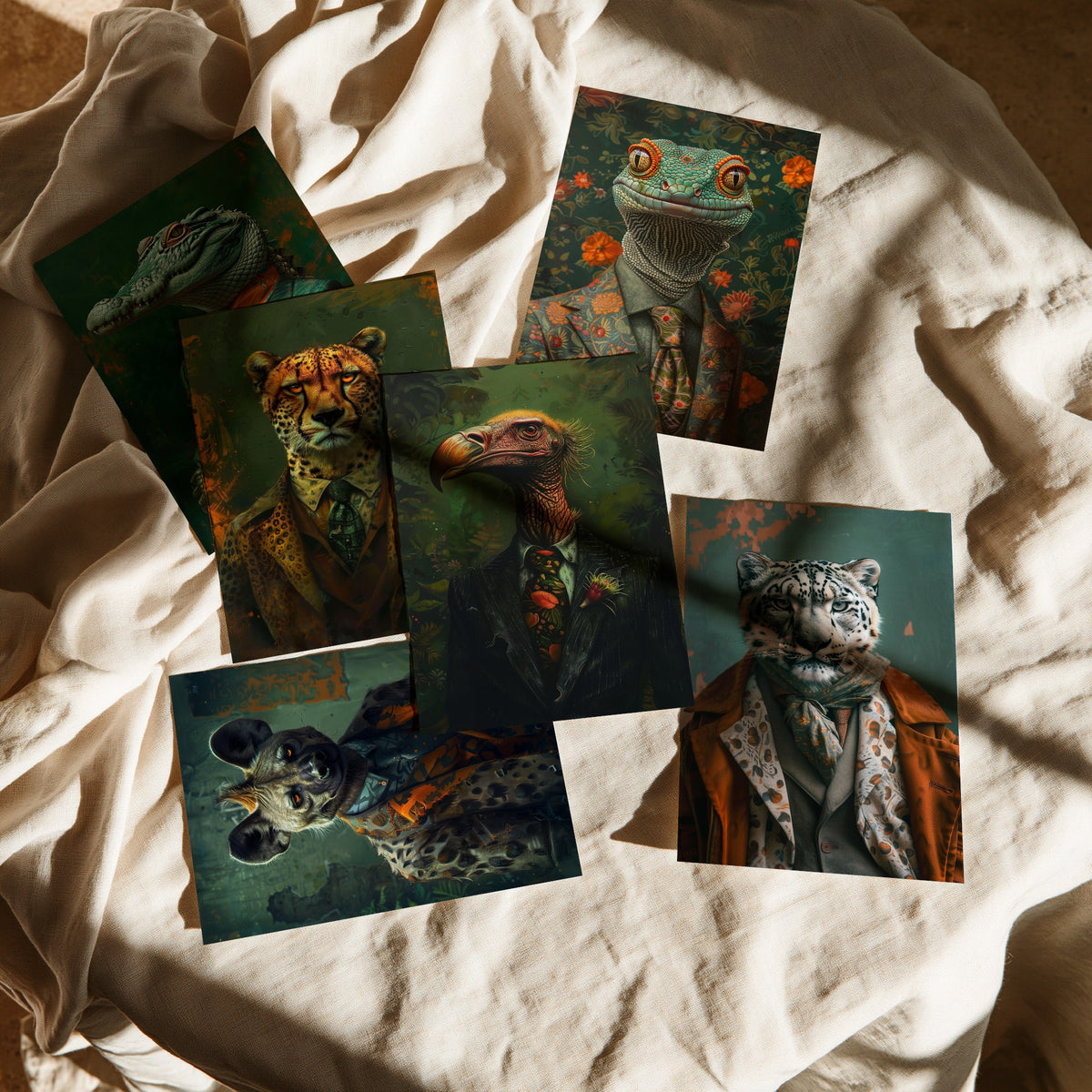 Set of Six Animals in Suits Art Prints - 6 Wild Predator Posters - Crocodile, Cheetah, Lizard, Hyena, Vulture, Snow Leopard Painting