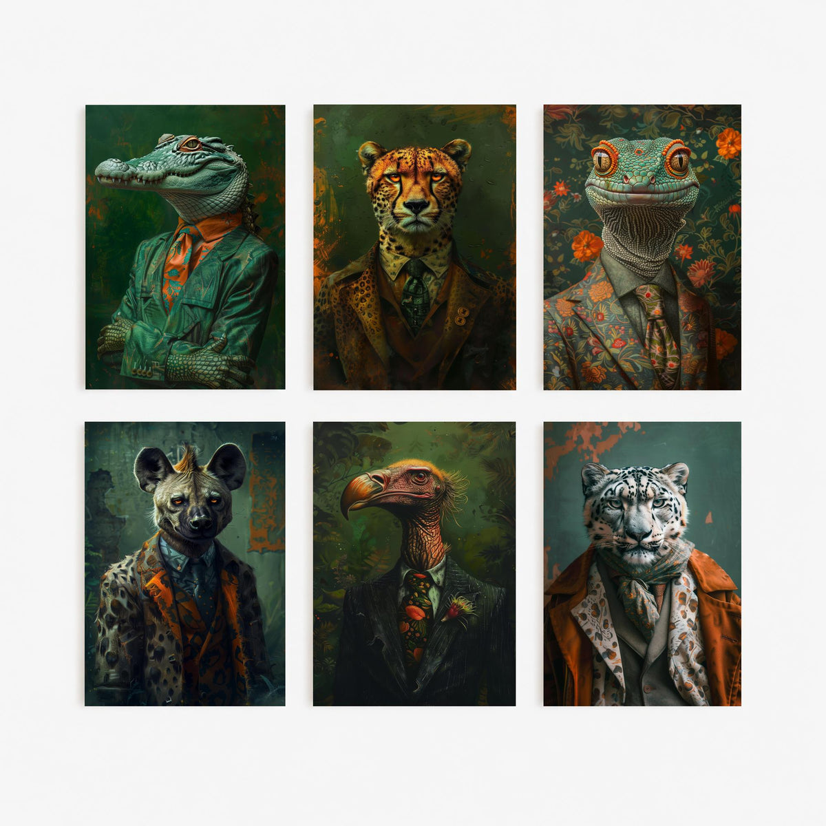 Set of Six Animals in Suits Art Prints - 6 Wild Predator Posters - Crocodile, Cheetah, Lizard, Hyena, Vulture, Snow Leopard Painting