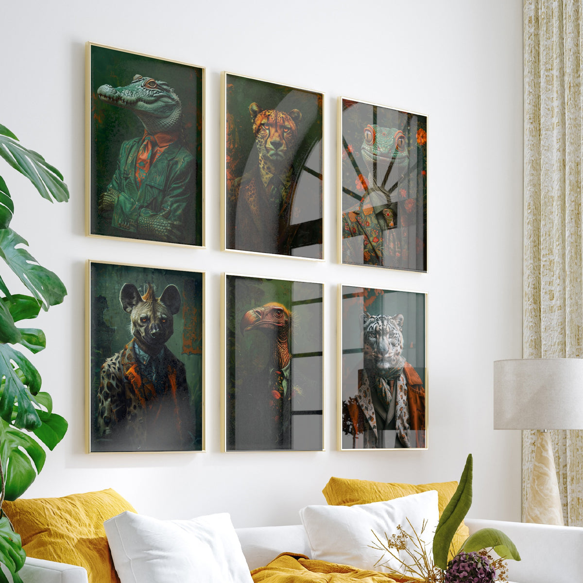 Set of Six Animals in Suits Art Prints - 6 Wild Predator Posters - Crocodile, Cheetah, Lizard, Hyena, Vulture, Snow Leopard Painting