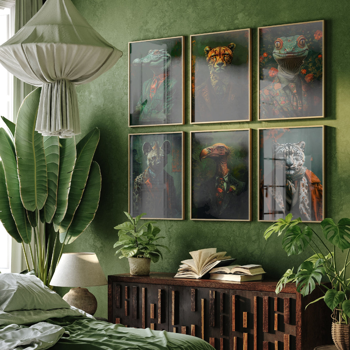Set of Six Animals in Suits Art Prints - 6 Wild Predator Posters - Crocodile, Cheetah, Lizard, Hyena, Vulture, Snow Leopard Painting