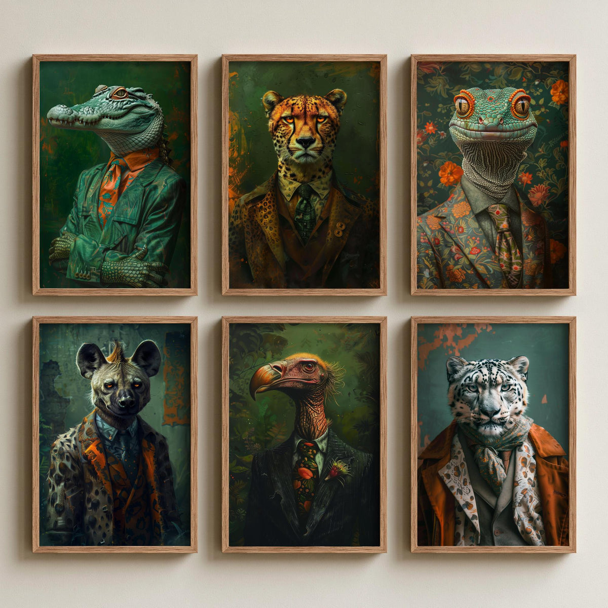 Set of Six Animals in Suits Art Prints - 6 Wild Predator Posters - Crocodile, Cheetah, Lizard, Hyena, Vulture, Snow Leopard Painting