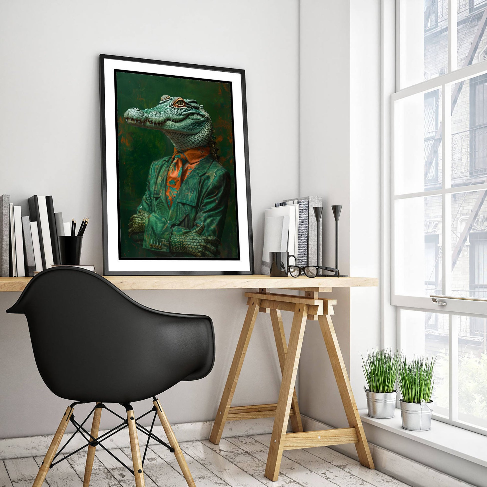 Crocodile in a Suit Art Print - Whimsical Animal Portrait Poster - Quirky Crocodile Painting - Dapper Gent 1/3