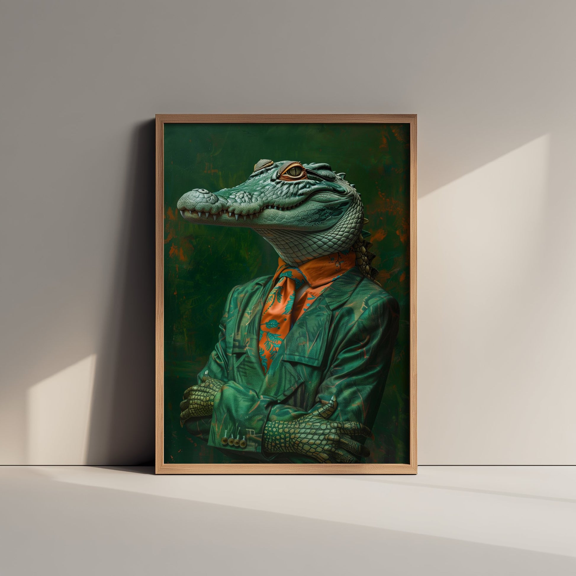 Crocodile in a Suit Art Print - Whimsical Animal Portrait Poster - Quirky Crocodile Painting - Dapper Gent 1/3