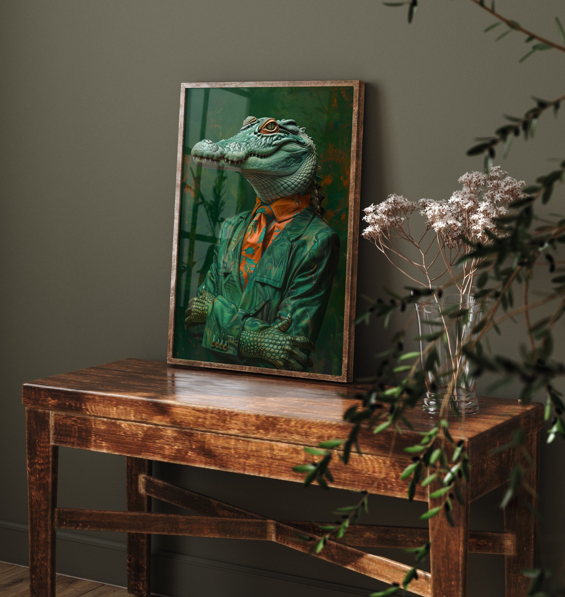 Crocodile in a Suit Art Print - Whimsical Animal Portrait Poster - Quirky Crocodile Painting - Dapper Gent 1/3