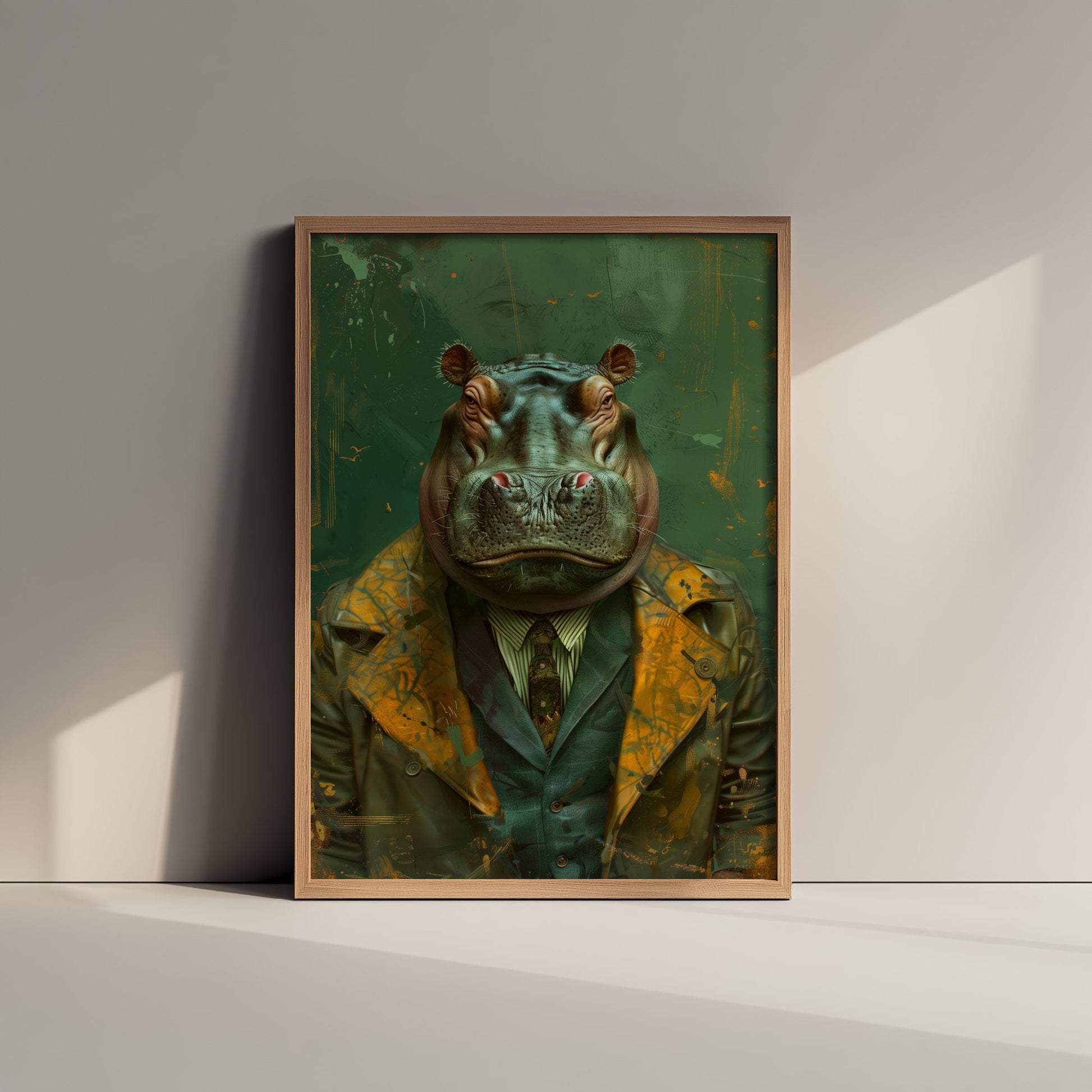 Hippo in a Suit Art Print - Whimsical Animal Portrait Poster - Quirky Hippo Painting - Dapper Gent 2/3