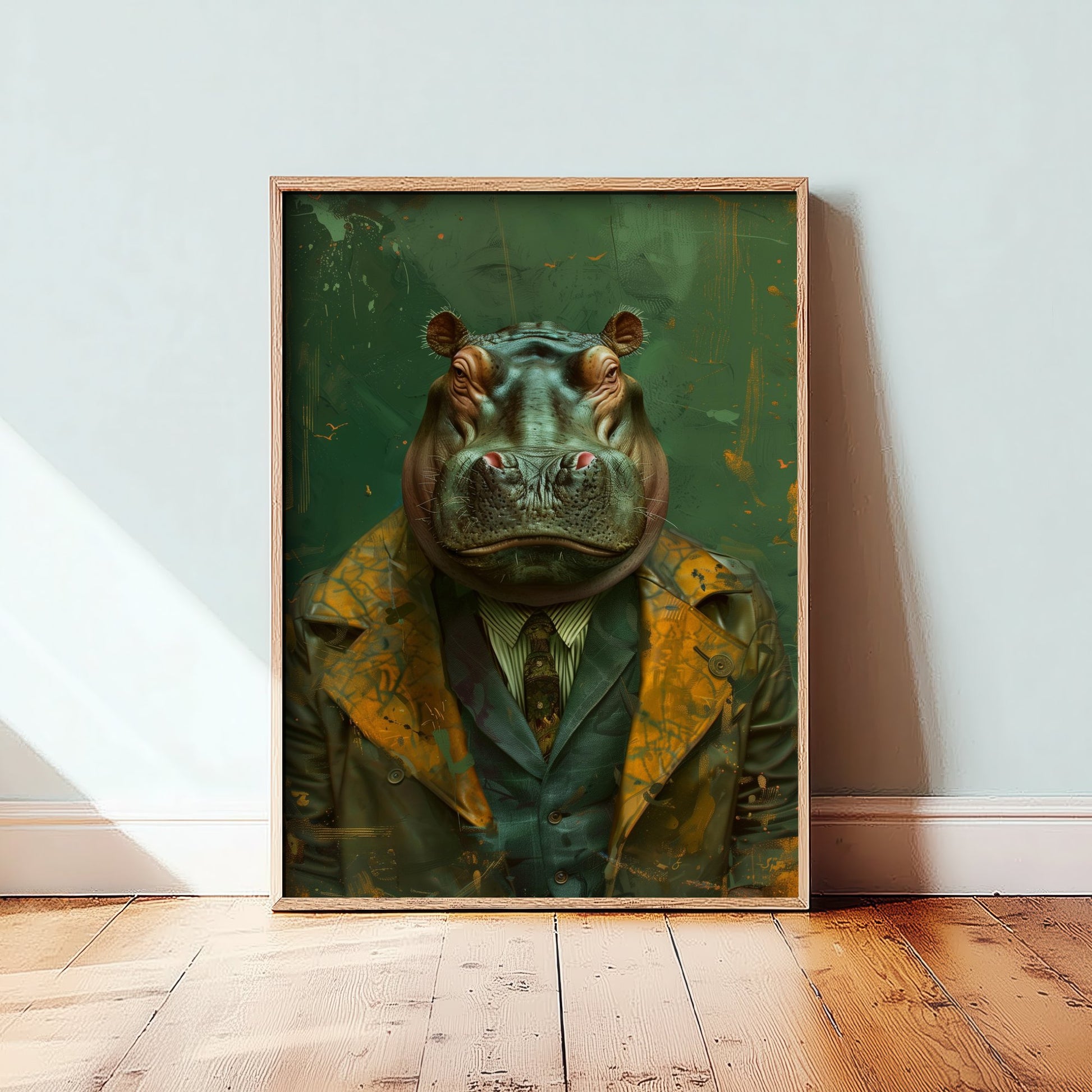 Hippo in a Suit Art Print - Whimsical Animal Portrait Poster - Quirky Hippo Painting - Dapper Gent 2/3