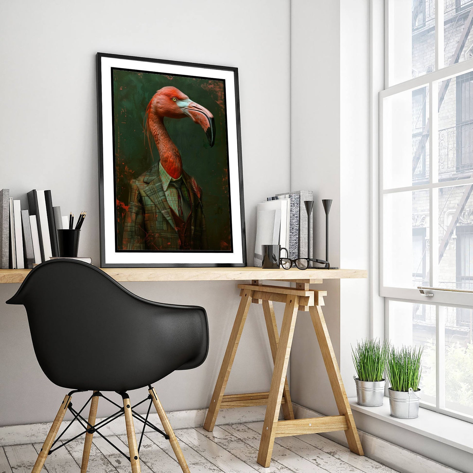 Flamingo in a Suit Art Print - Whimsical Animal Portrait Poster - Quirky Flamingo Painting - Dapper Gent 3/3