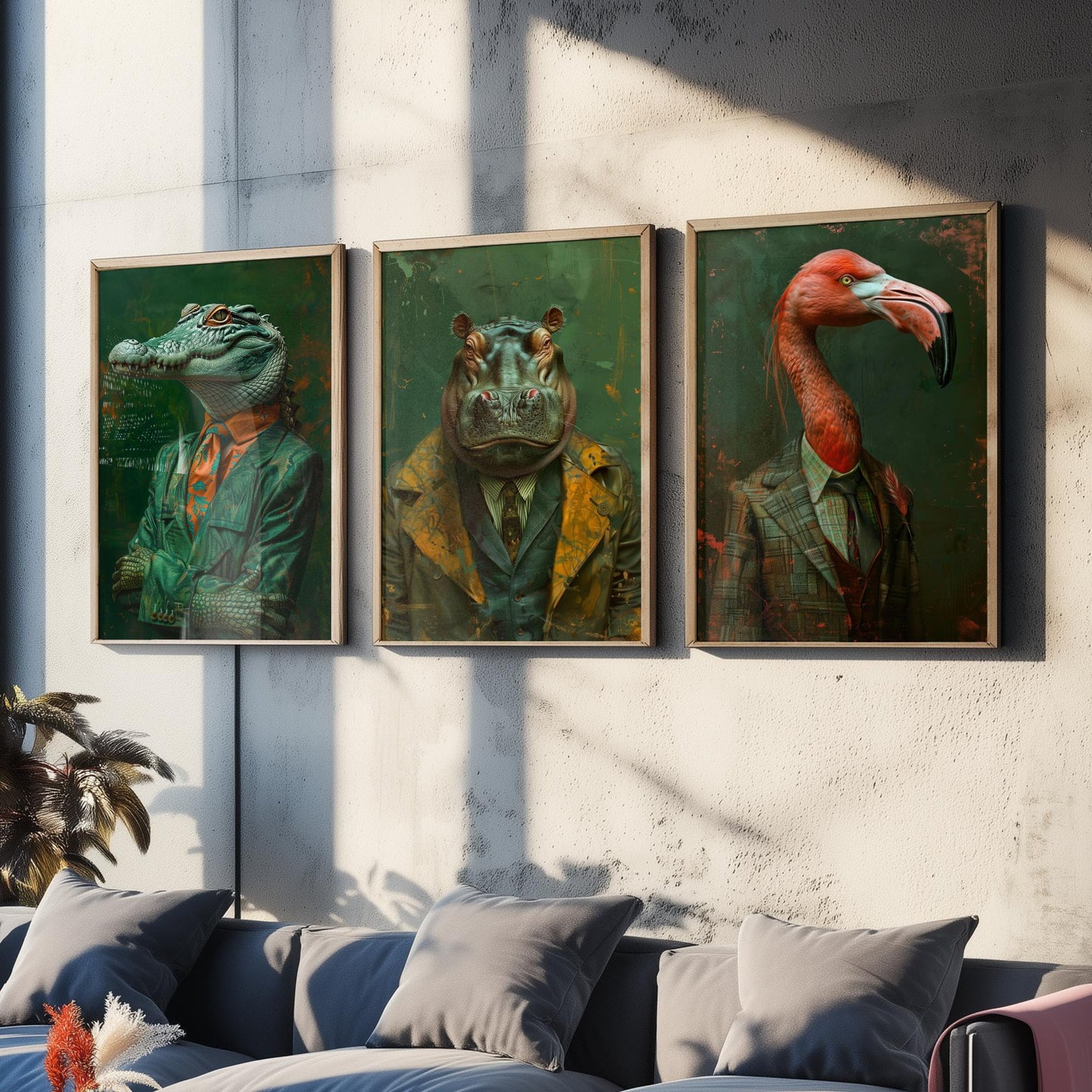 Animals in Suits Set of Three Art Prints - Crocodile, Hippo, Flamingo Posters - Tropical Dandy Animal Portrait Painting