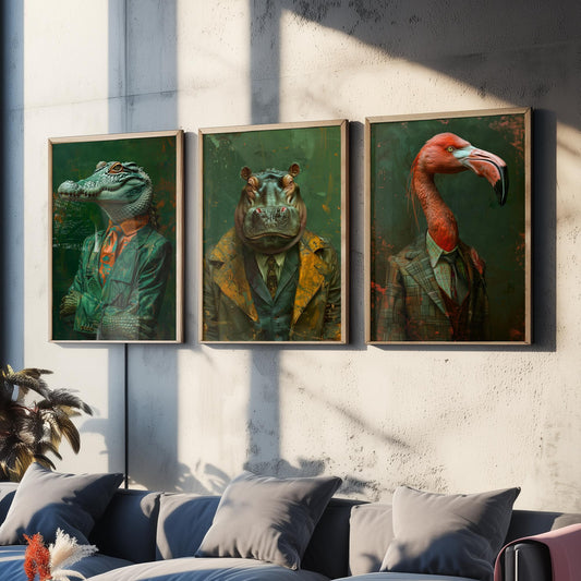Animals in Suits Set of Three Art Prints - Crocodile, Hippo, Flamingo Posters - Tropical Dandy Animal Portrait Painting