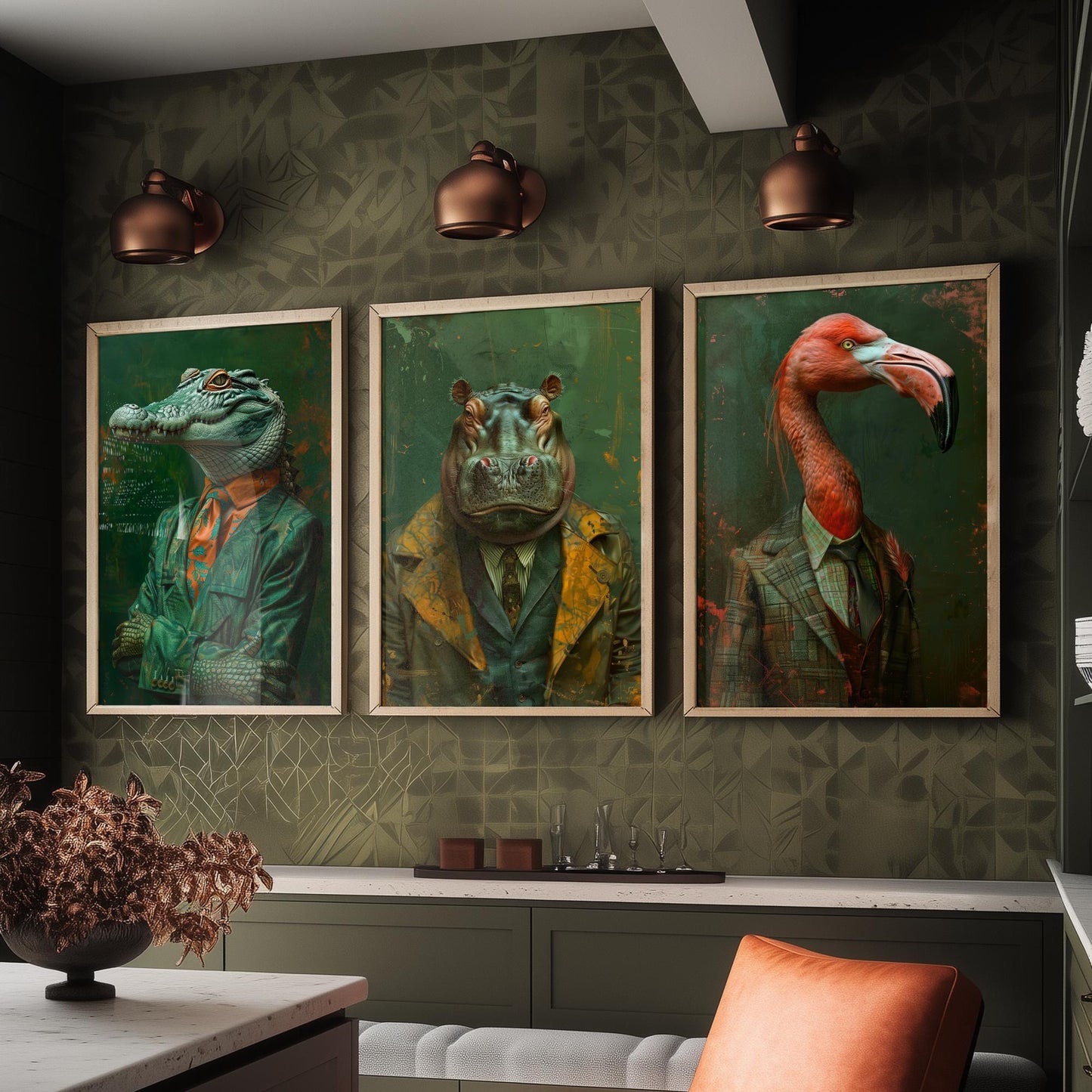 Animals in Suits Set of Three Art Prints - Crocodile, Hippo, Flamingo Posters - Tropical Dandy Animal Portrait Painting