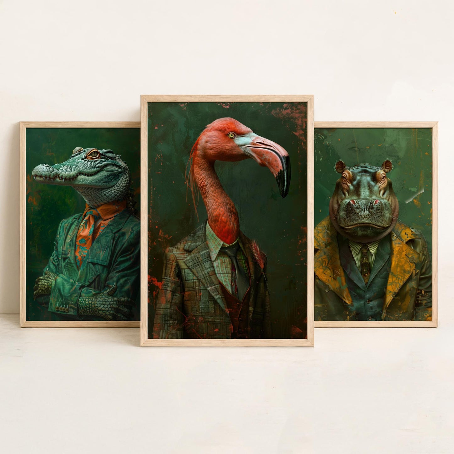 Animals in Suits Set of Three Art Prints - Crocodile, Hippo, Flamingo Posters - Tropical Dandy Animal Portrait Painting
