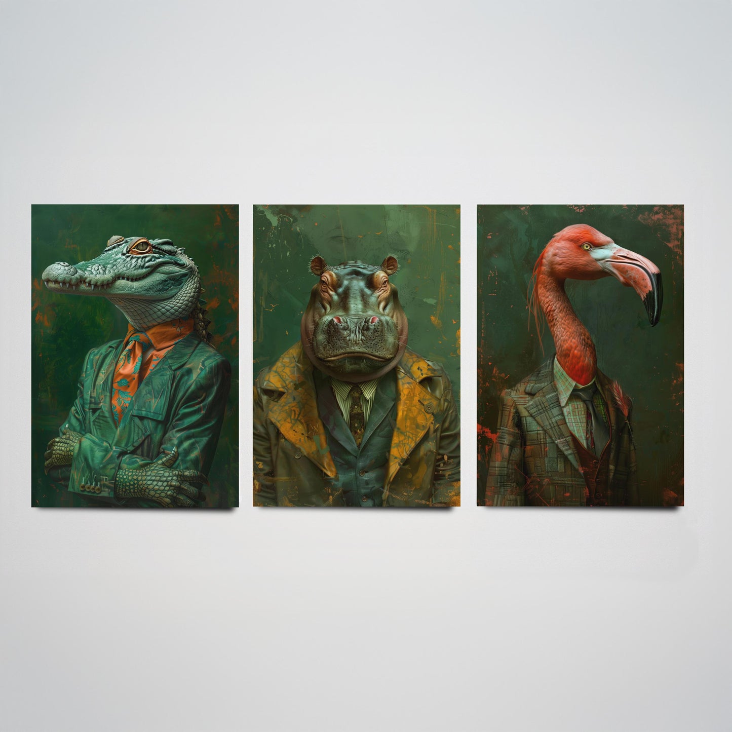 Animals in Suits Set of Three Art Prints - Crocodile, Hippo, Flamingo Posters - Tropical Dandy Animal Portrait Painting
