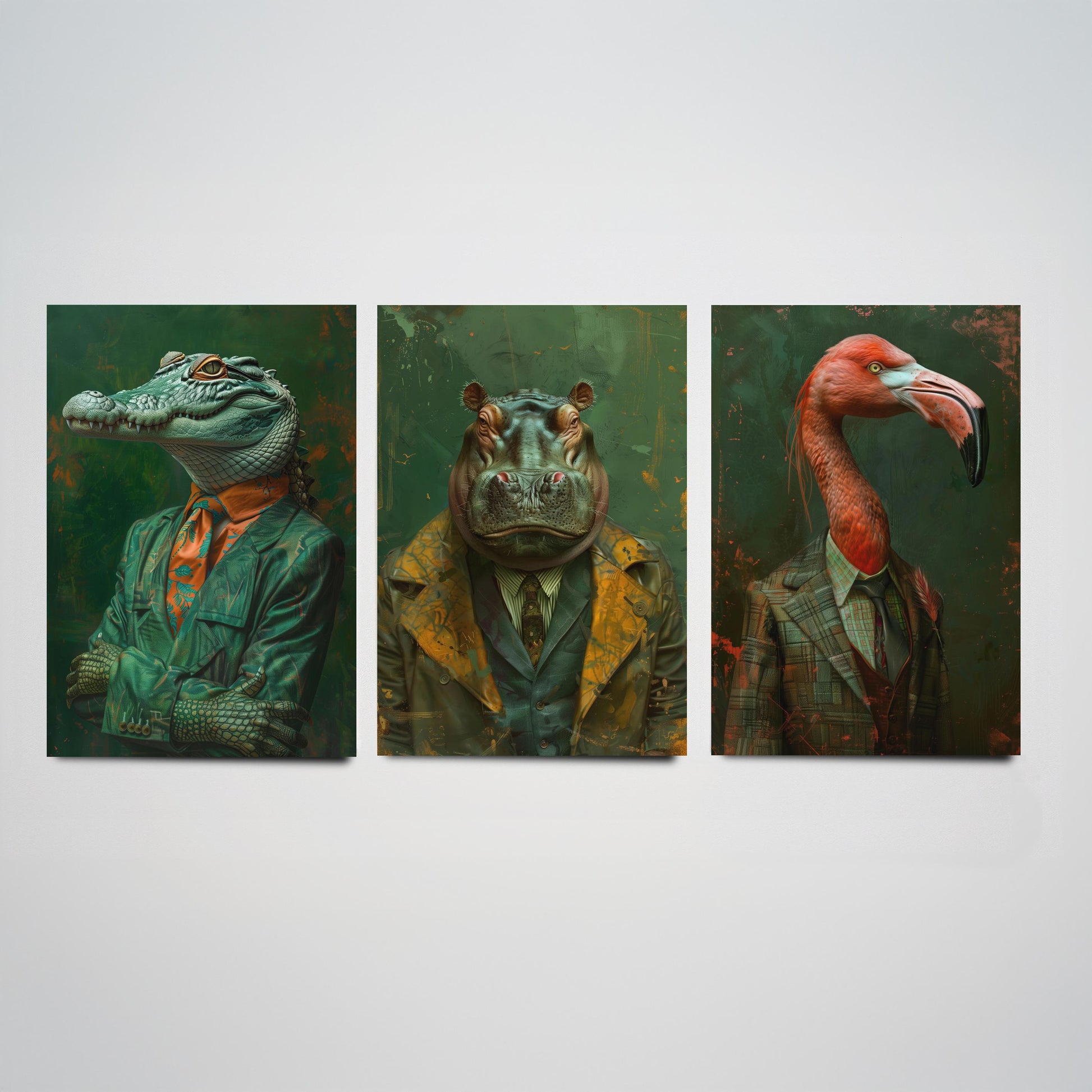 Animals in Suits Set of Three Art Prints - Crocodile, Hippo, Flamingo Posters - Tropical Dandy Animal Portrait Painting