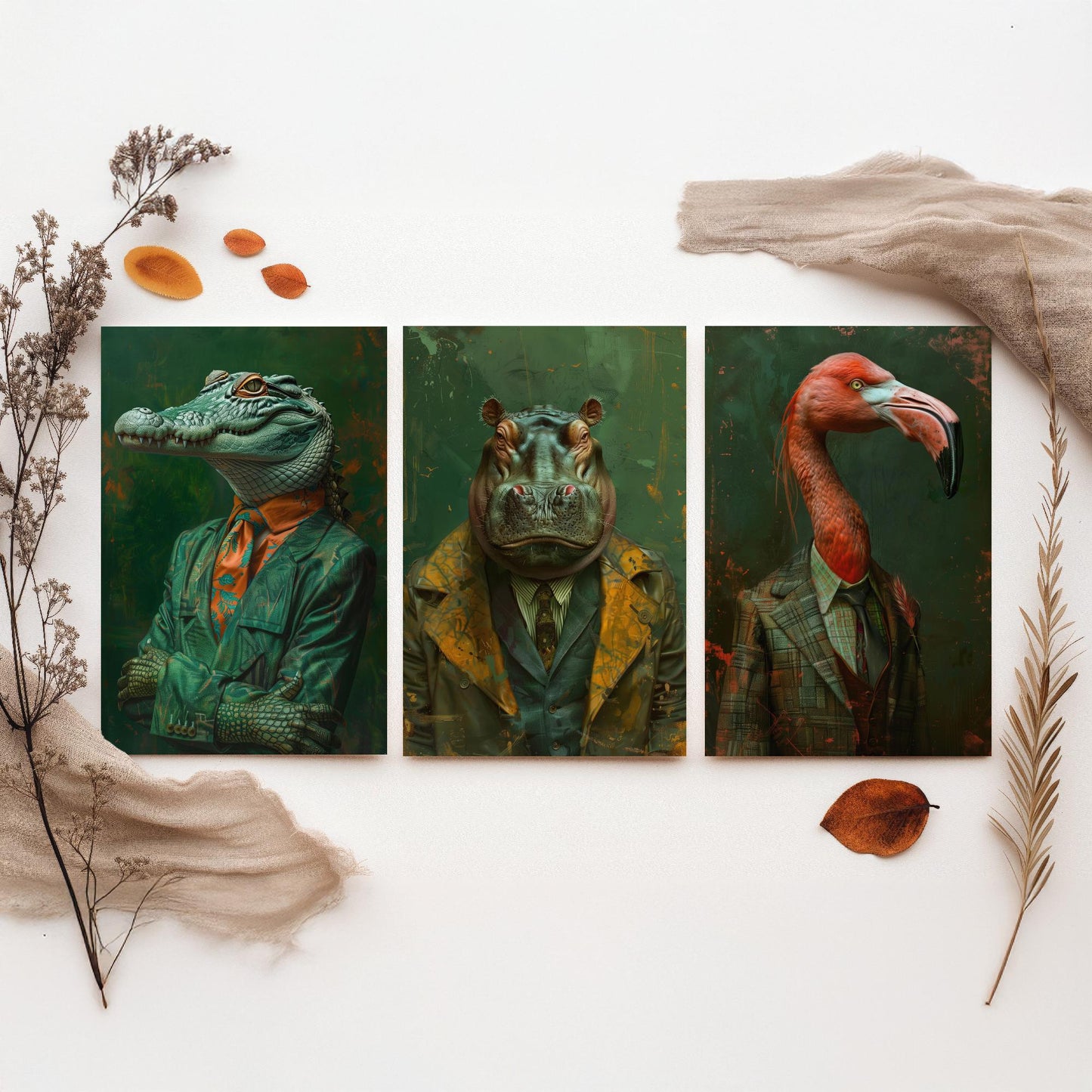 Animals in Suits Set of Three Art Prints - Crocodile, Hippo, Flamingo Posters - Tropical Dandy Animal Portrait Painting