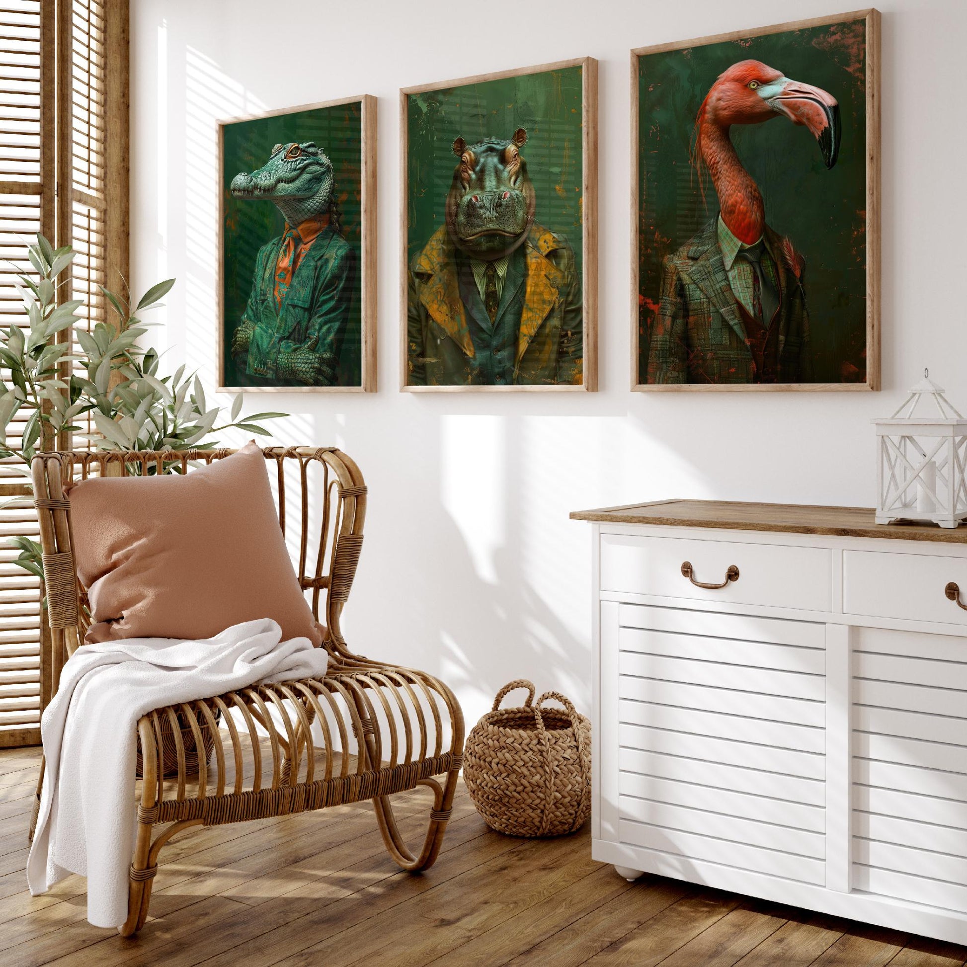 Animals in Suits Set of Three Art Prints - Crocodile, Hippo, Flamingo Posters - Tropical Dandy Animal Portrait Painting