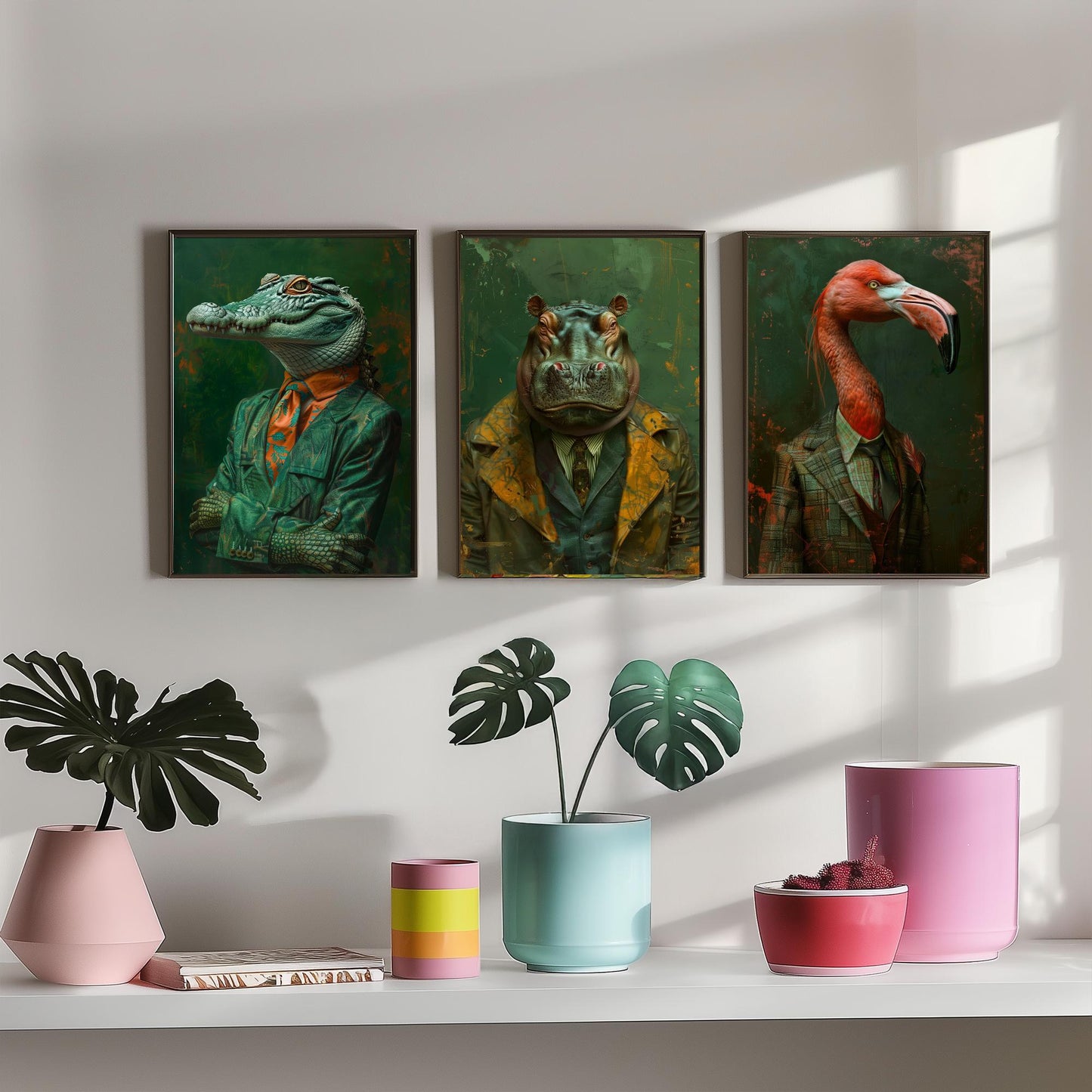 Animals in Suits Set of Three Art Prints - Crocodile, Hippo, Flamingo Posters - Tropical Dandy Animal Portrait Painting