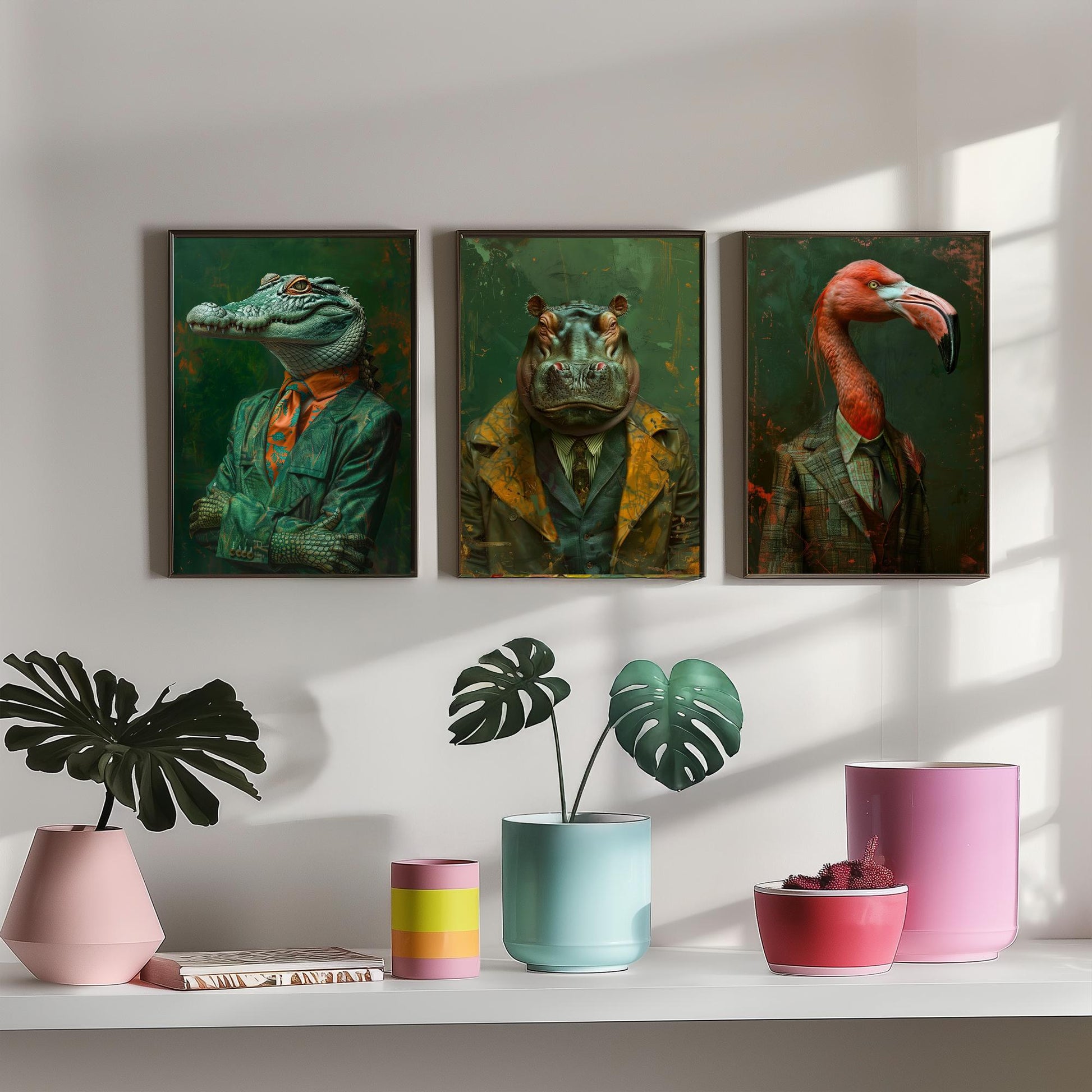 Animals in Suits Set of Three Art Prints - Crocodile, Hippo, Flamingo Posters - Tropical Dandy Animal Portrait Painting