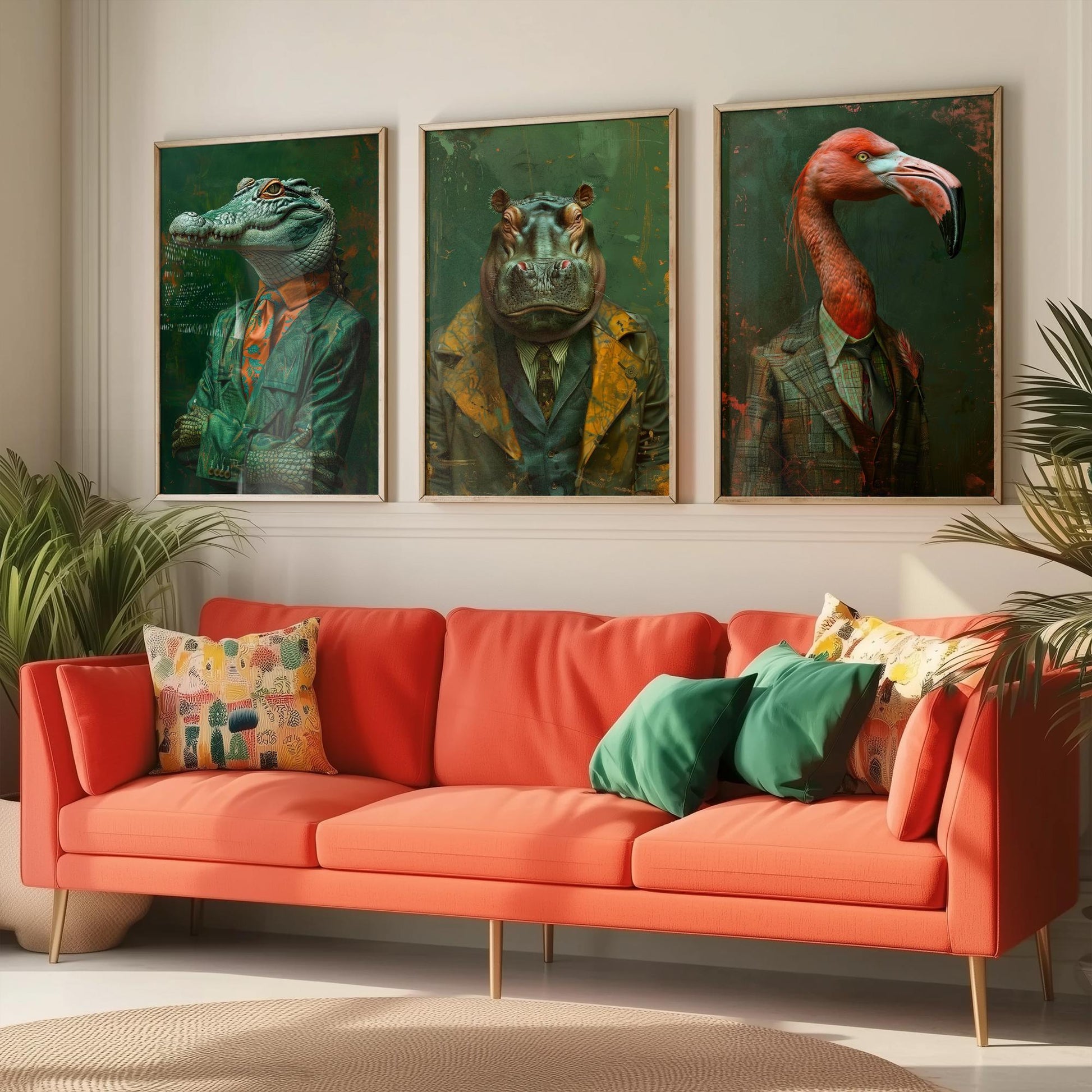 Animals in Suits Set of Three Art Prints - Crocodile, Hippo, Flamingo Posters - Tropical Dandy Animal Portrait Painting