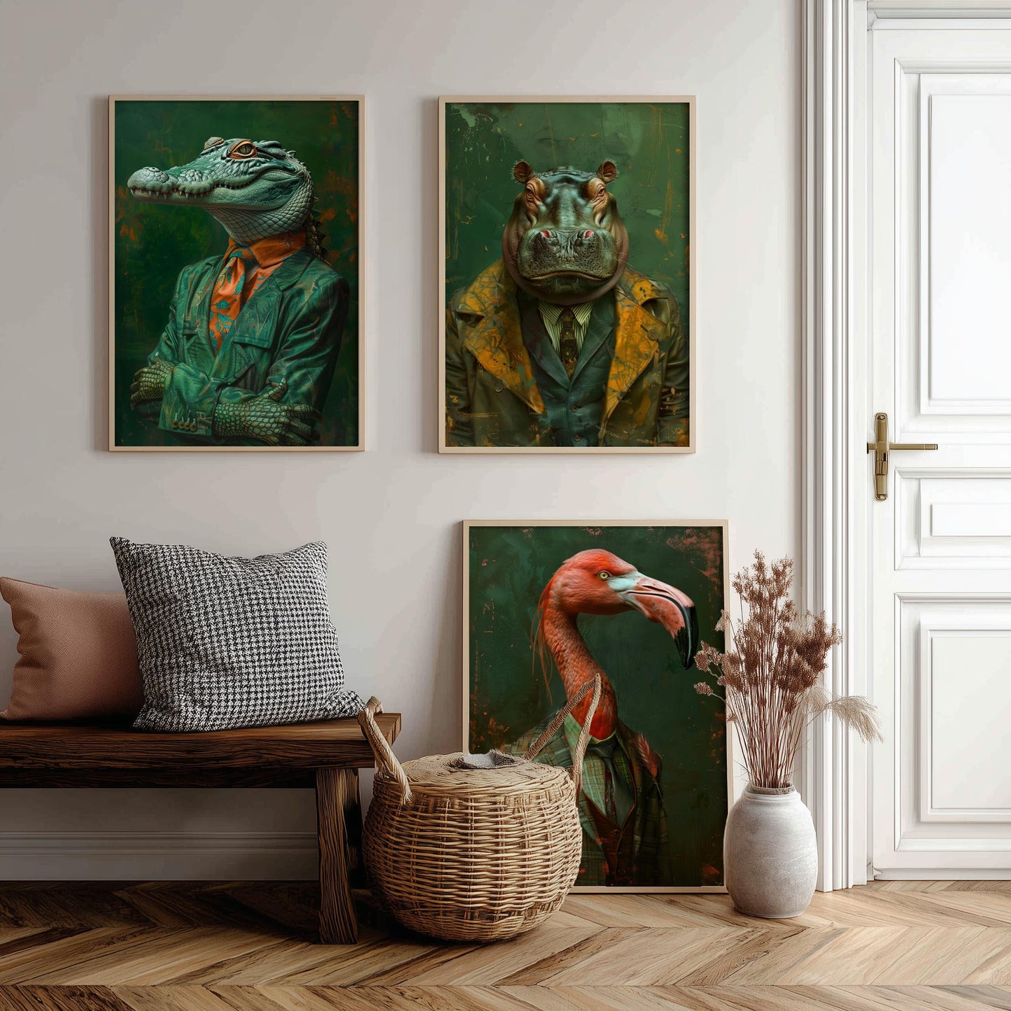 Animals in Suits Set of Three Art Prints - Crocodile, Hippo, Flamingo Posters - Tropical Dandy Animal Portrait Painting
