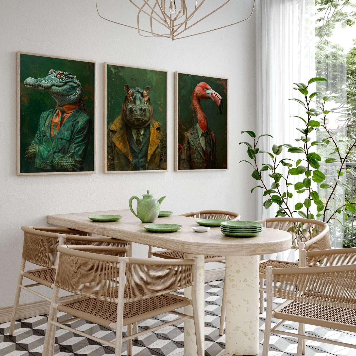 Animals in Suits Set of Three Art Prints - Crocodile, Hippo, Flamingo Posters - Tropical Dandy Animal Portrait Painting