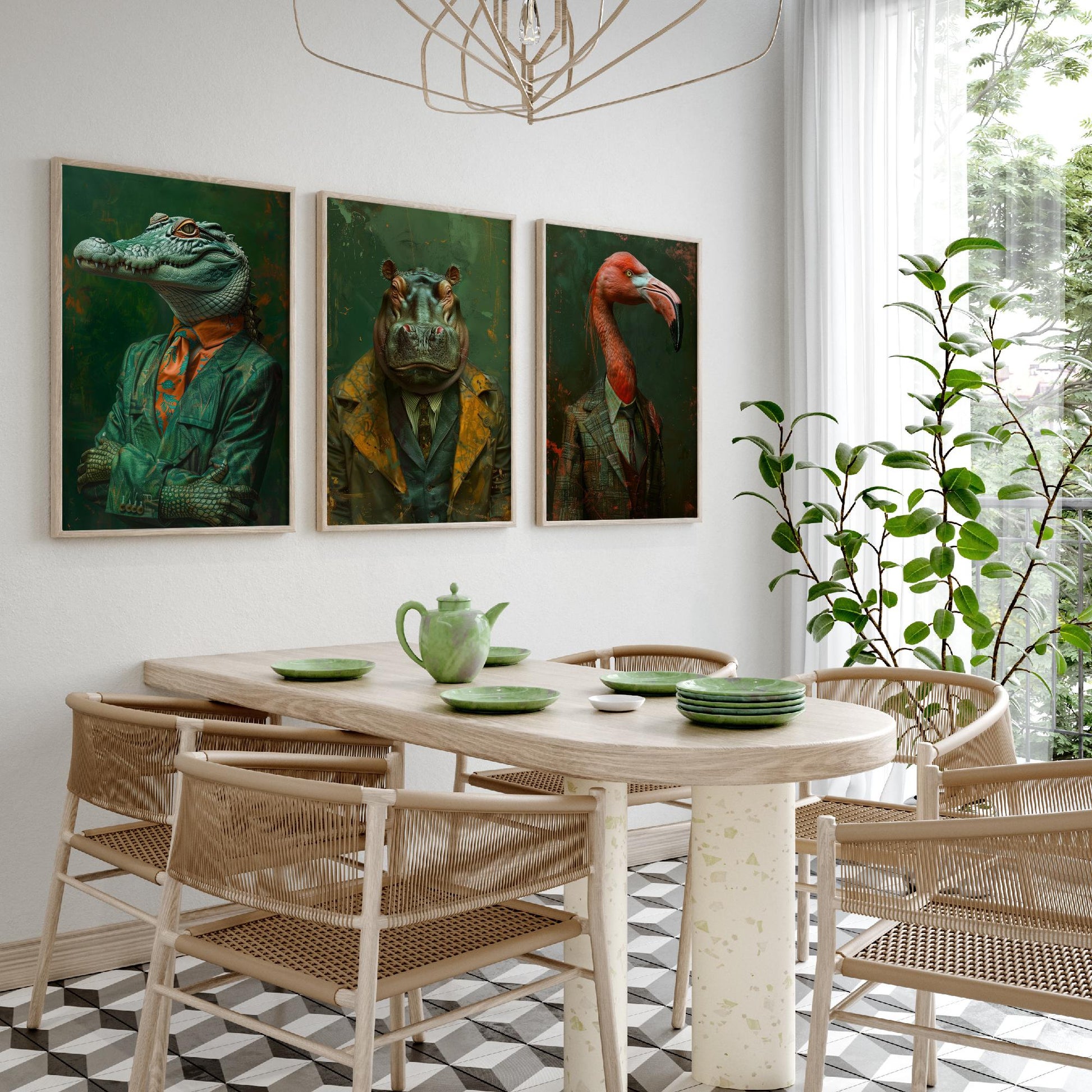 Animals in Suits Set of Three Art Prints - Crocodile, Hippo, Flamingo Posters - Tropical Dandy Animal Portrait Painting