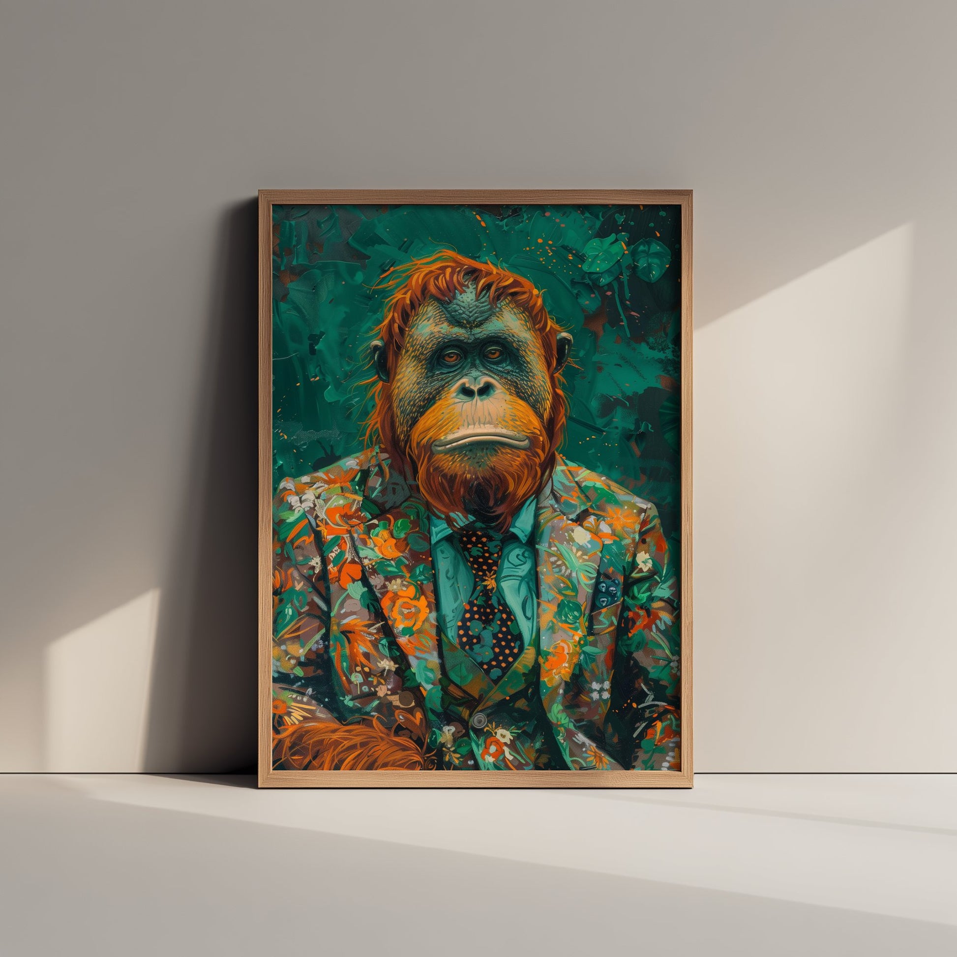 Orangutan in a Floral Suit Art Print - Jungle Animal Portrait Illustration - Quirky Poster 1/3