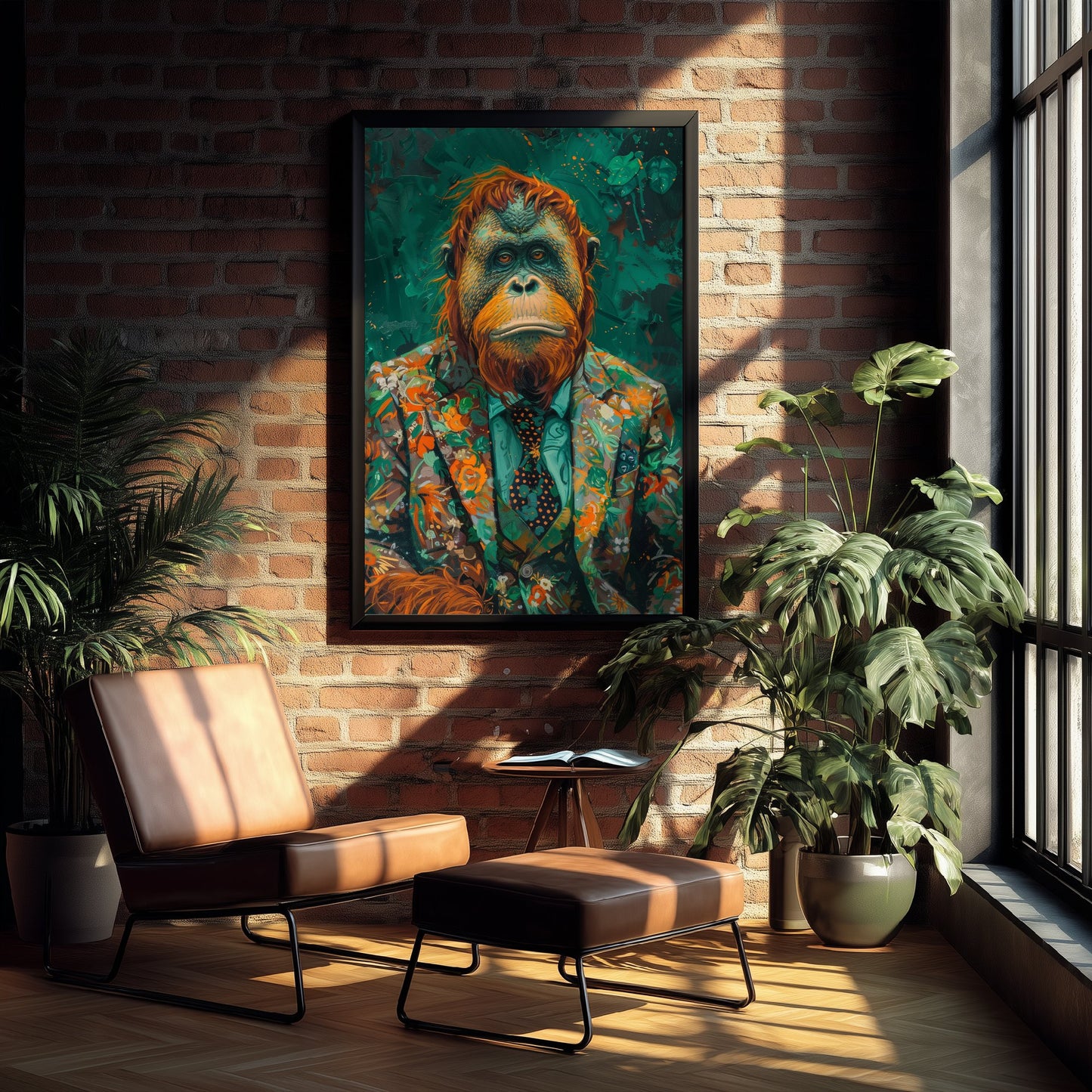 Orangutan in a Floral Suit Art Print - Jungle Animal Portrait Illustration - Quirky Poster 1/3