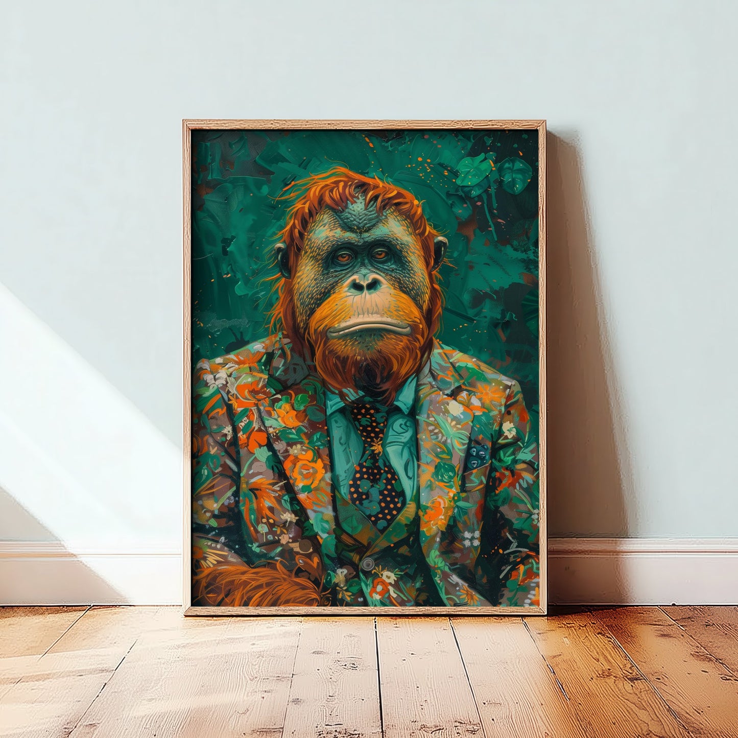 Orangutan in a Floral Suit Art Print - Jungle Animal Portrait Illustration - Quirky Poster 1/3