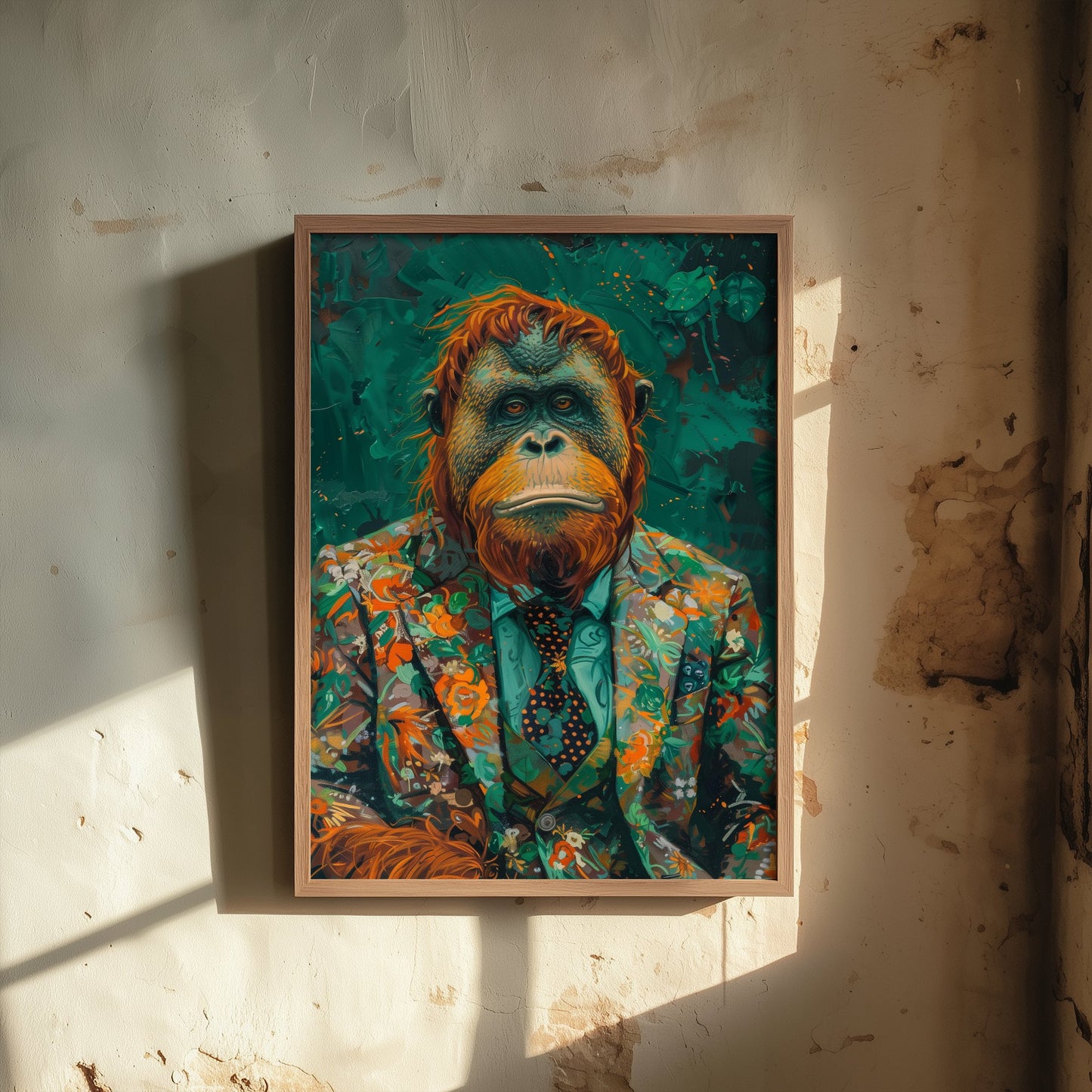 Orangutan in a Floral Suit Art Print - Jungle Animal Portrait Illustration - Quirky Poster 1/3
