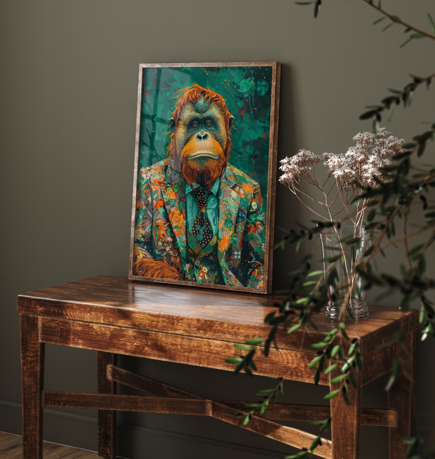 Orangutan in a Floral Suit Art Print - Jungle Animal Portrait Illustration - Quirky Poster 1/3