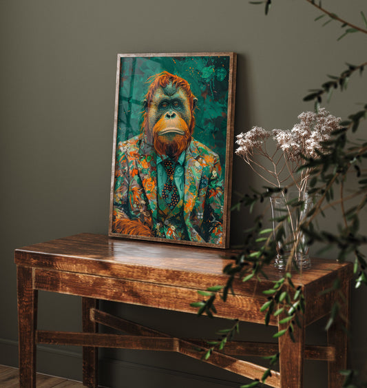 Orangutan in a Floral Suit Art Print - Jungle Animal Portrait Illustration - Quirky Poster 1/3