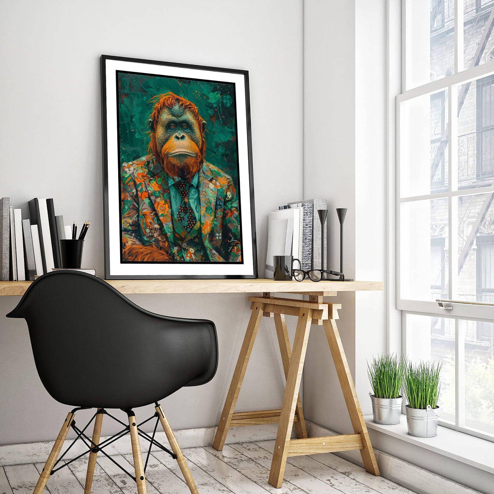 Orangutan in a Floral Suit Art Print - Jungle Animal Portrait Illustration - Quirky Poster 1/3