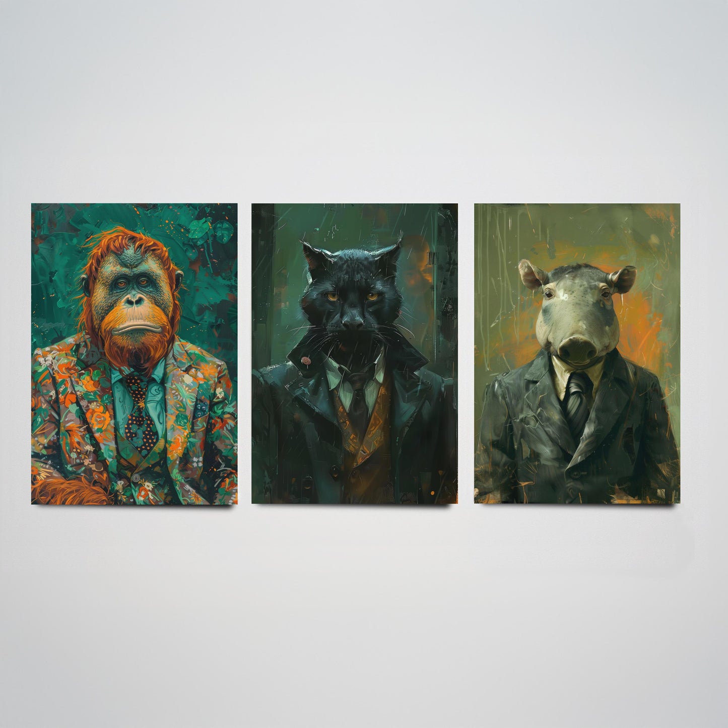 Animals in Suits Deep Jungle Set of Three Art Prints - Orangutan, Panther, Tapir Posters - Rainforest Portrait Painting